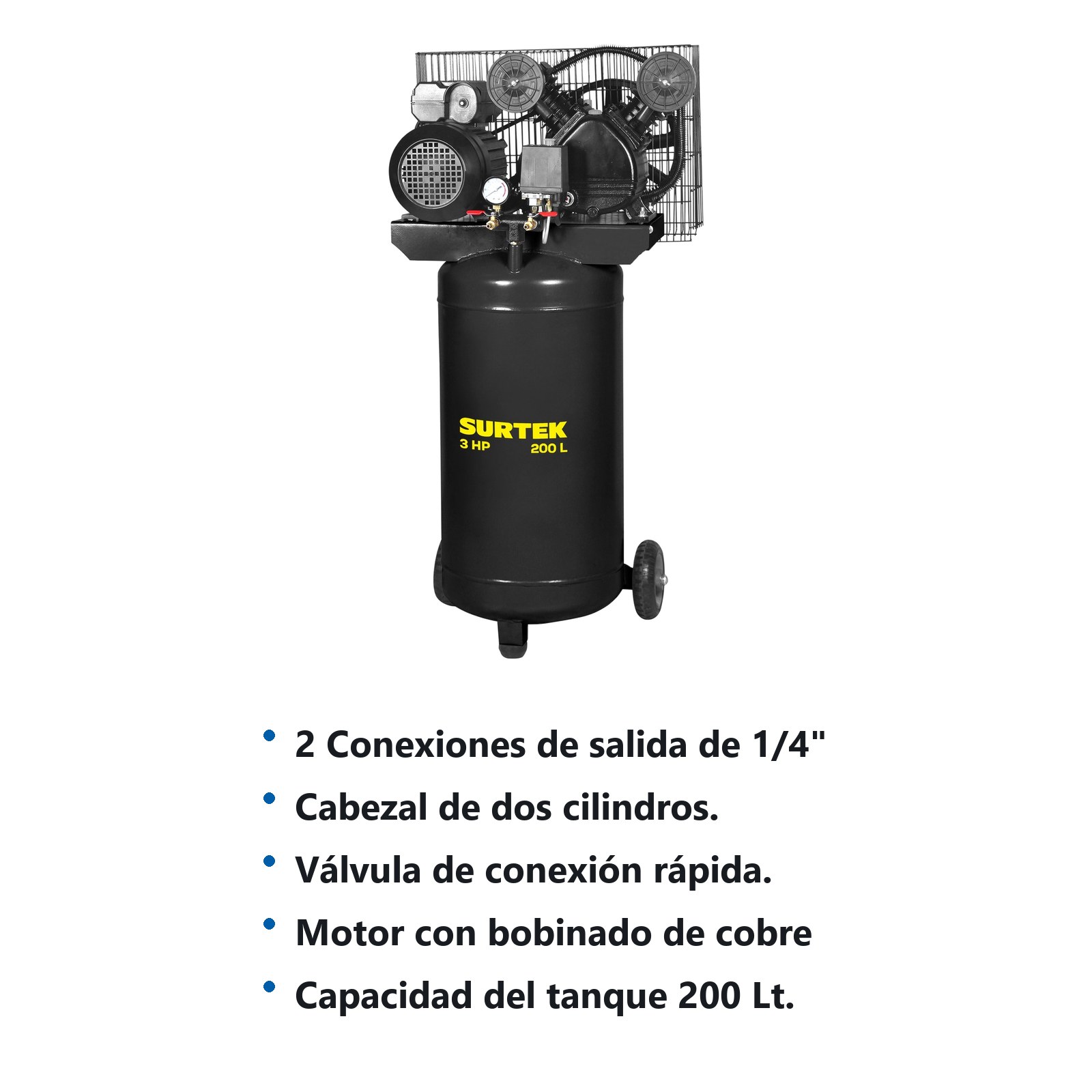 Compresor de aire eléctrico con transmisión de banda vertical 200L, 3HP, 200V Surtek - Imagen 2