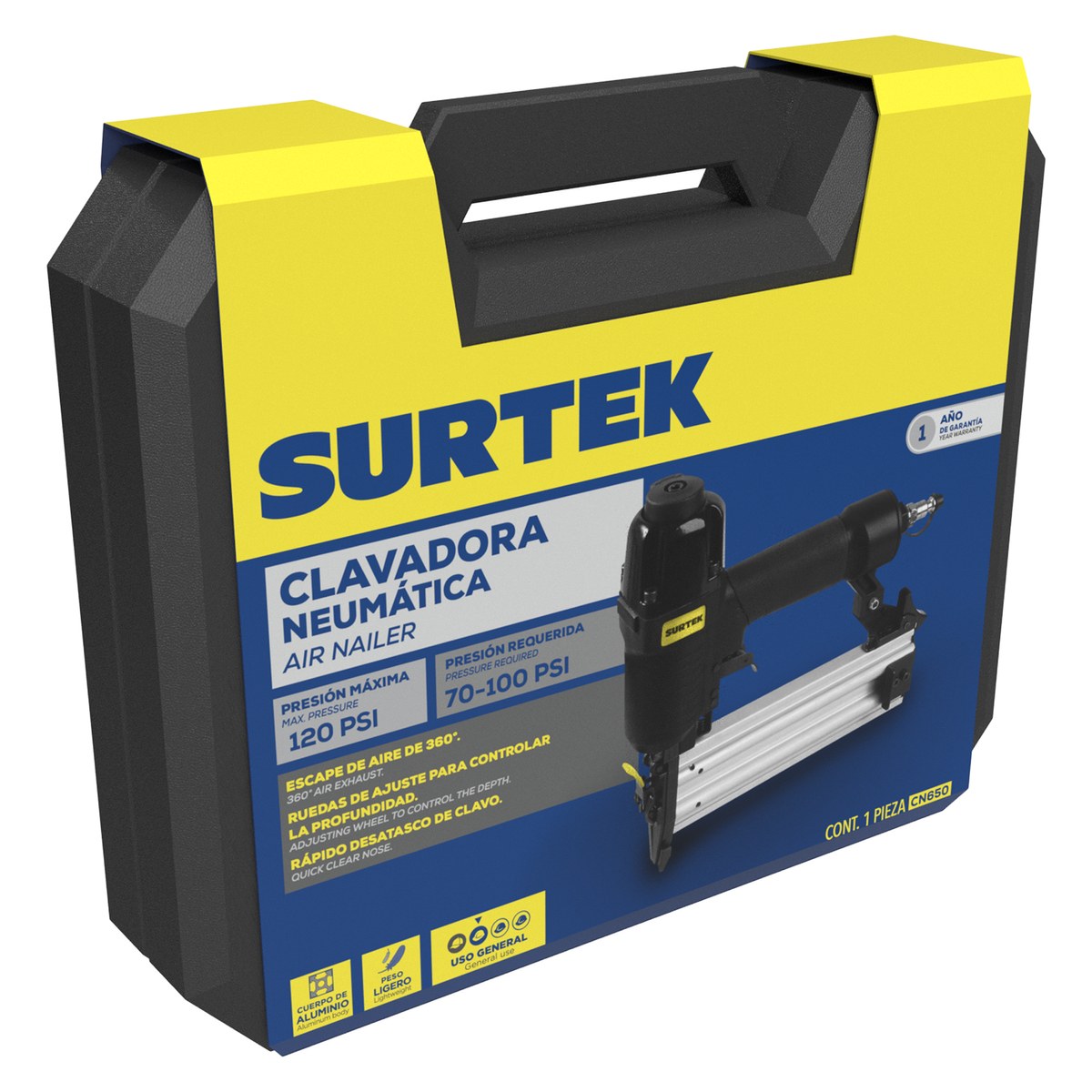 Clavadora neumática calibre 18GA, capacidad 3/8"-2", 100 clavos Surtek - Imagen 2