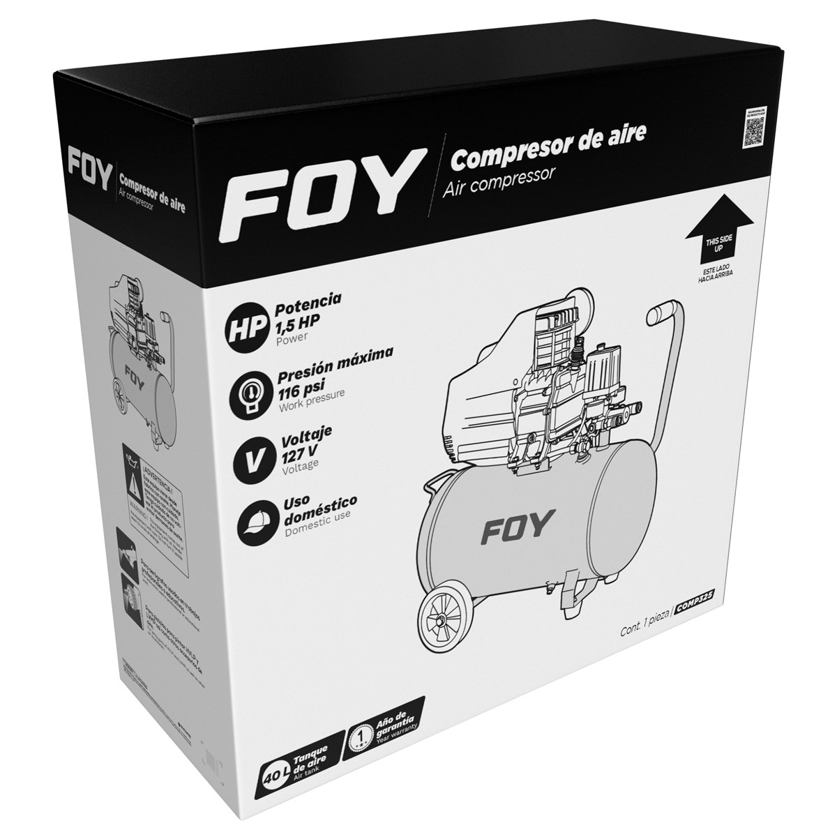 Compresor de aire eléctrico lubricado 40L, 1.5HP, 127V Foy - Imagen 2