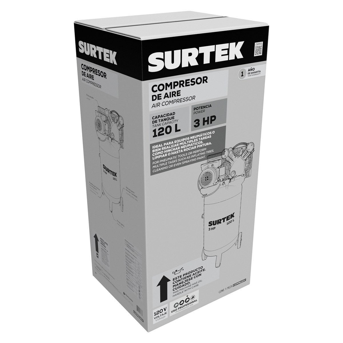 Compresor de aire eléctrico con transmisión de banda vertical 120L, 3HP, 127V Surtek - Imagen 2