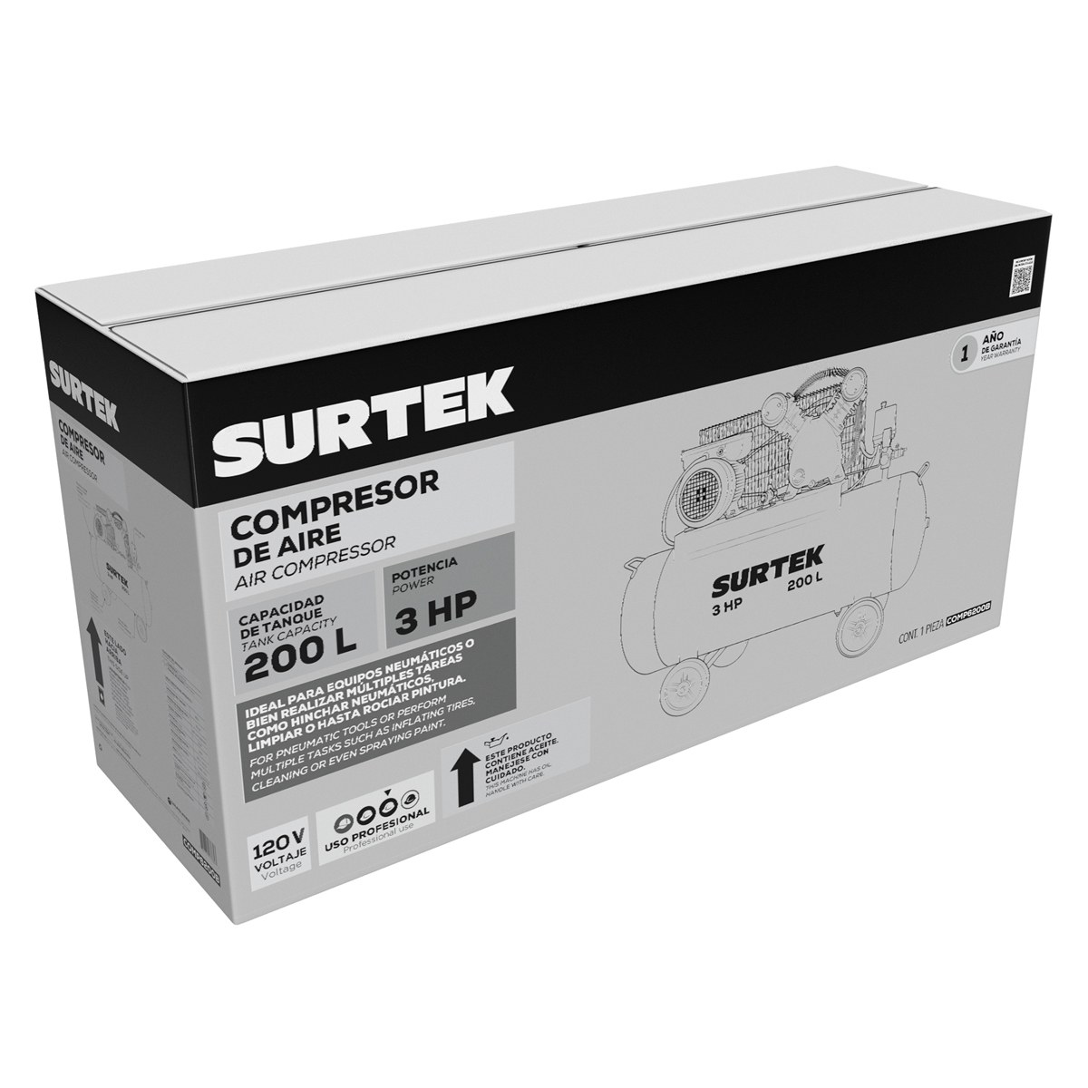 Compresor de aire eléctrico con transmisión de banda 200L, 3HP, 127V Surtek - Imagen 2