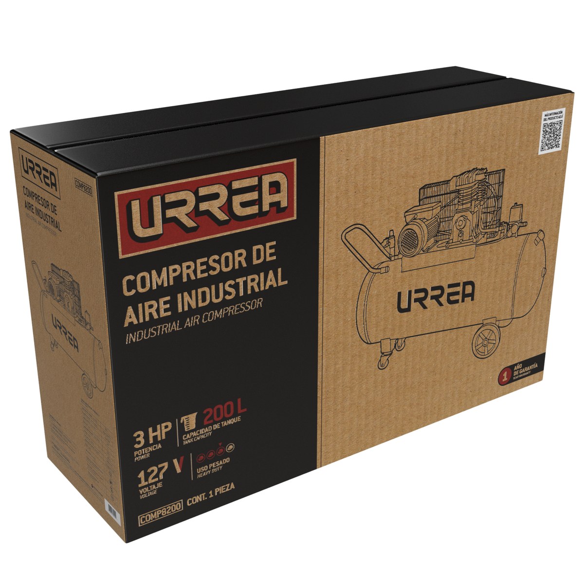 Compresor de aire eléctrico lubricado 200L, 3HP, 127V Urrea - Imagen 2