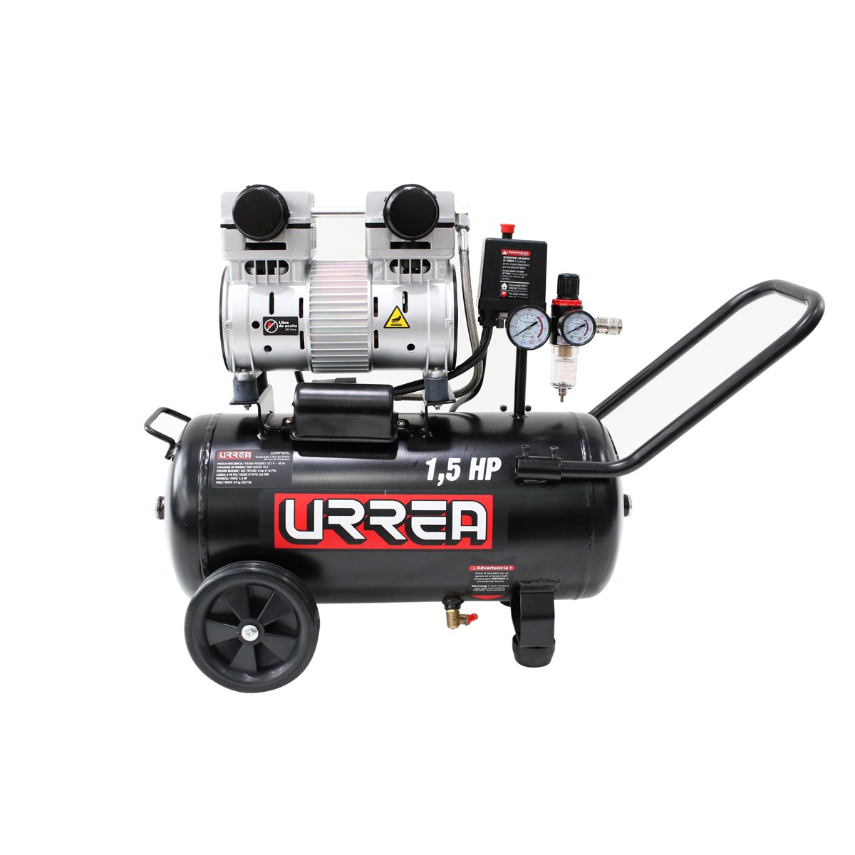 Compresor de aire eléctrico libre de aceite 24L, 1.5HP, 127V Urrea