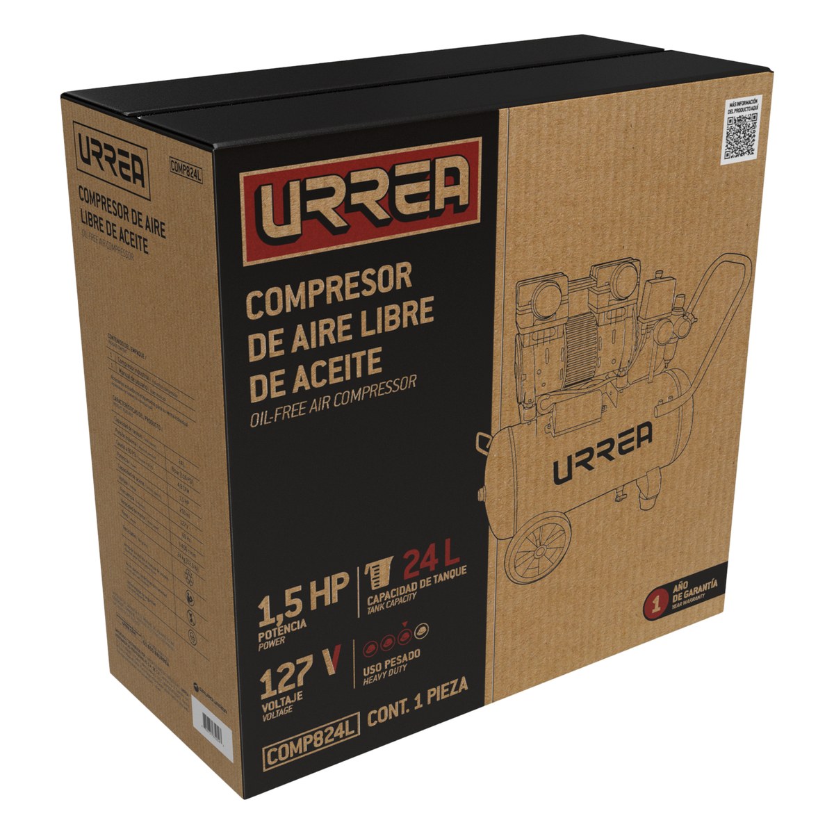 Compresor de aire eléctrico libre de aceite 24L, 1.5HP, 127V Urrea - Imagen 2
