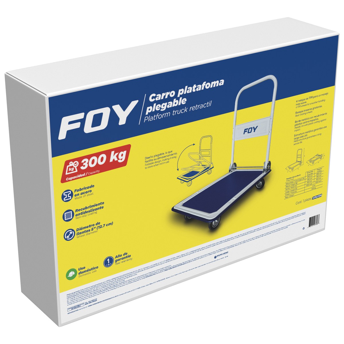 Carro plataforma con maneral retráctil 91 cm x 61 cm, 5", 300 kg Foy - Imagen 2