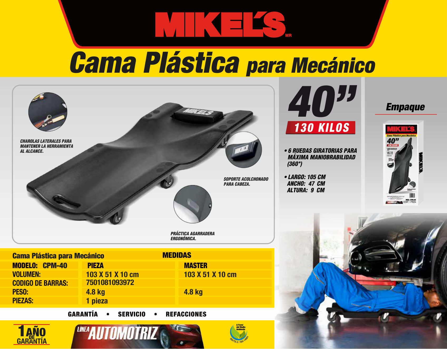 MIKELS CPM-40 Cama termo formada con 6 ruedas giratorias (40” largo) - Imagen 4