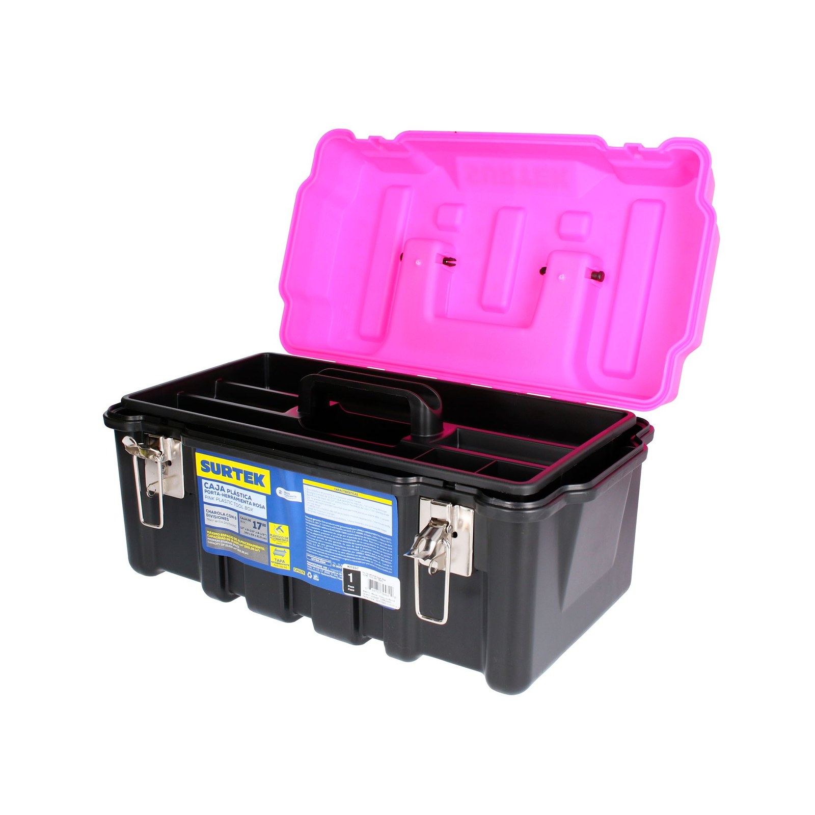 Caja portaherramientas plástica con broches metálicos color negro tapa rosa 17" x 9" x 8" Surtek - Imagen 2