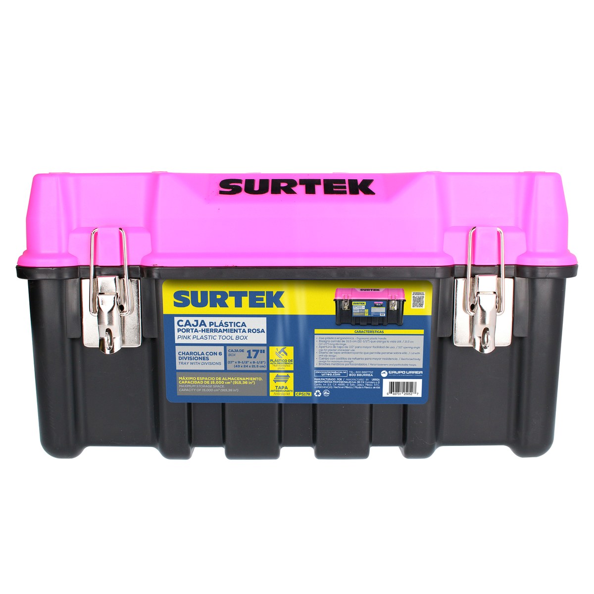 Caja portaherramientas plástica con broches metálicos color negro tapa rosa 17" x 9" x 8" Surtek - Imagen 3