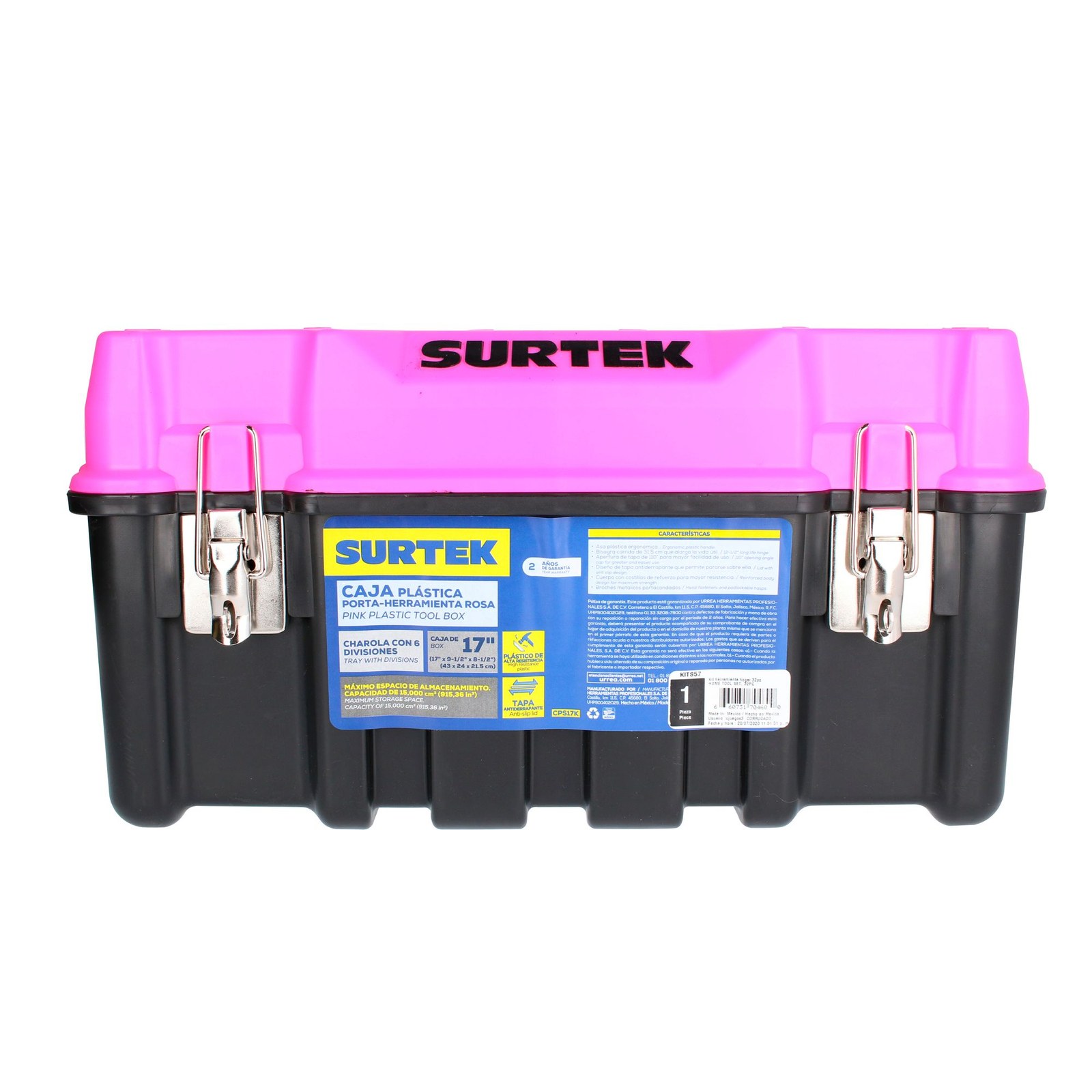 Caja portaherramientas plástica con broches metálicos color negro tapa rosa 17" x 9" x 8" Surtek - Imagen 4