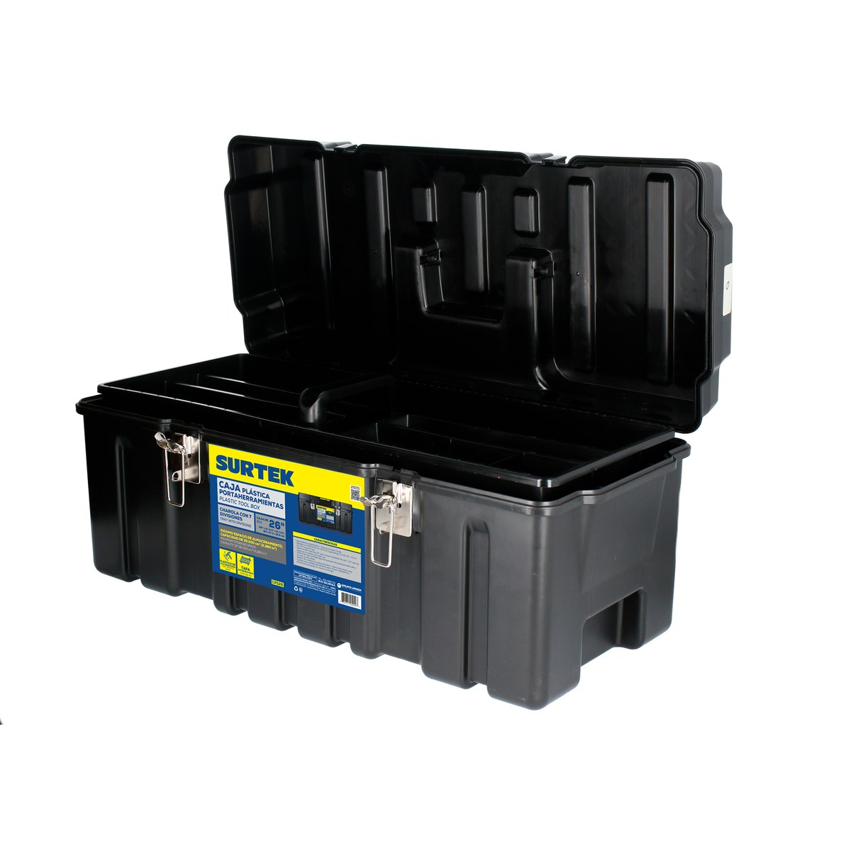 Caja portaherramientas plástica con broches metálicos color negro 26" x 10" x 10" Surtek - Imagen 2