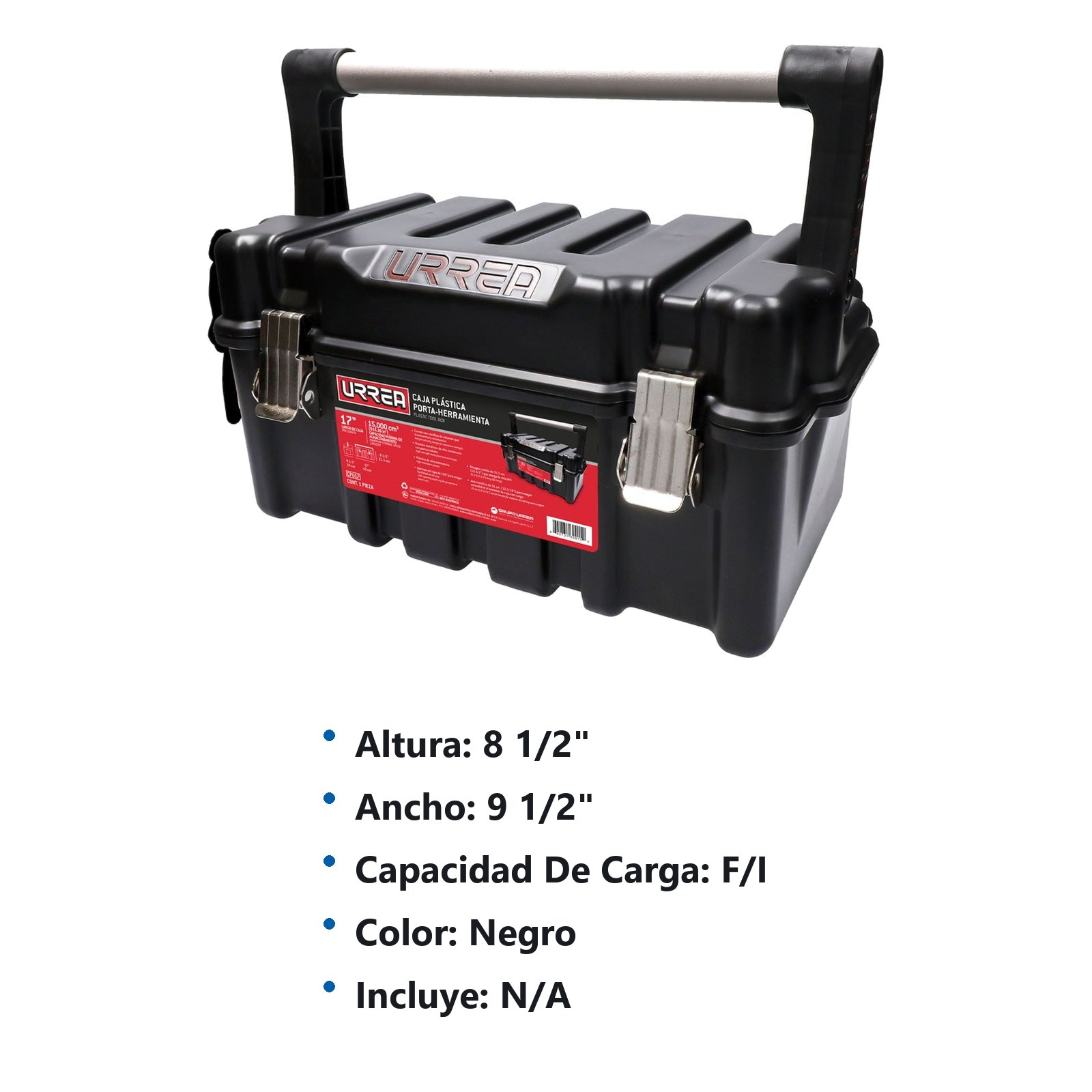 Caja portaherramientas plástica con broches metálicos color negro 17" x 9" x 8" Urrea - Imagen 2