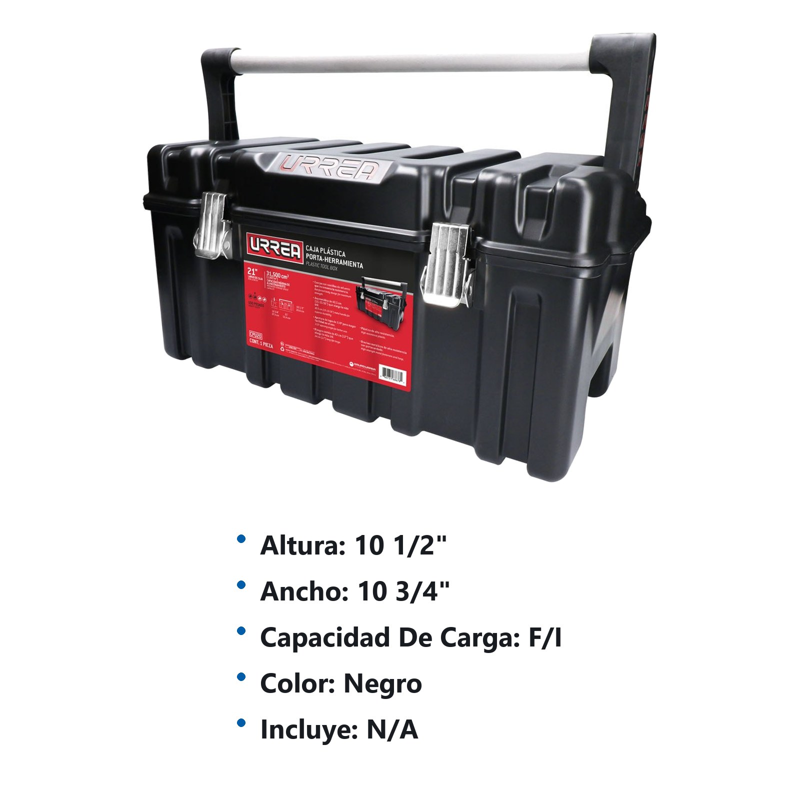Caja portaherramientas plástica con broches metálicos color negro 21" x 11" x 10" Urrea - Imagen 2
