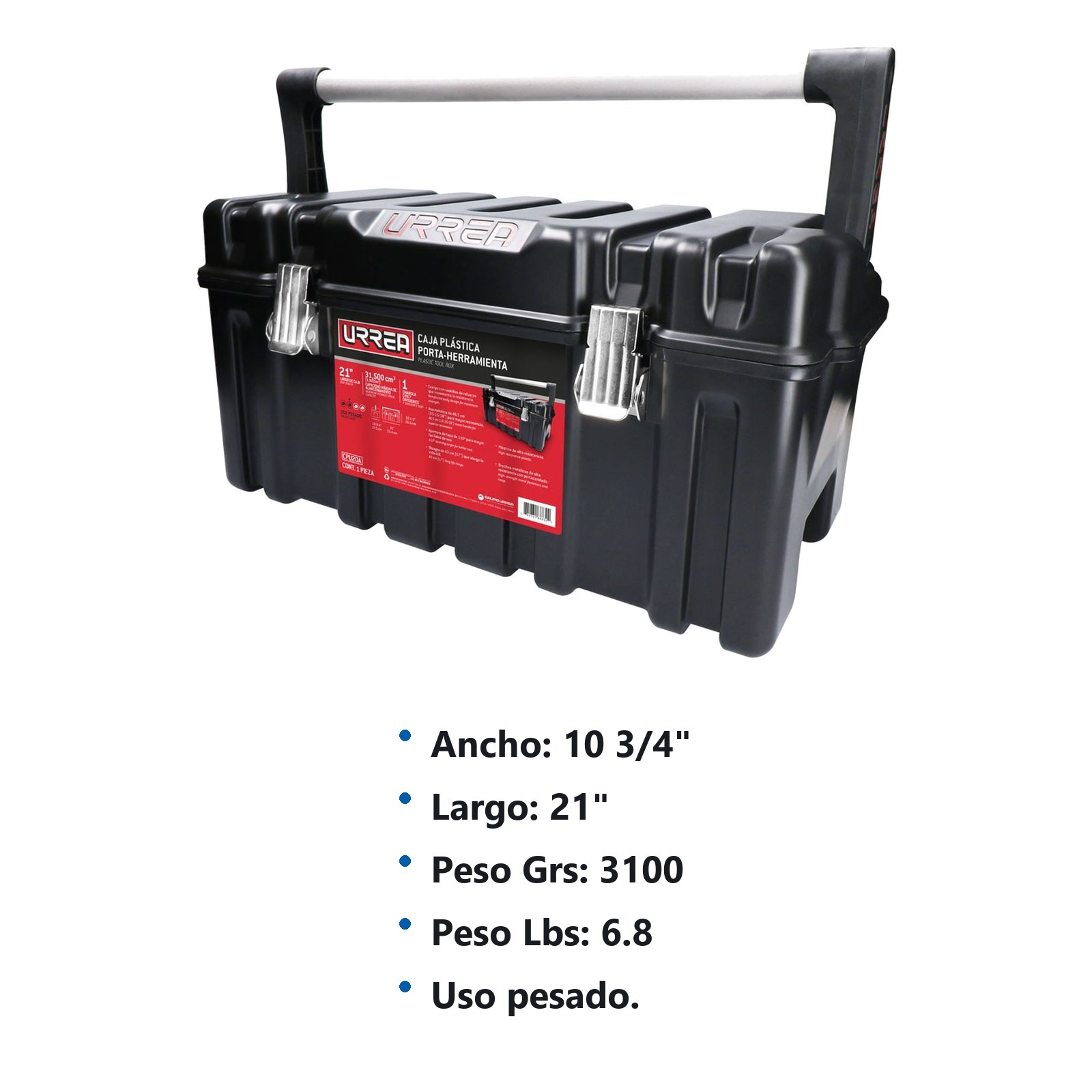Caja portaherramientas plástica con broches metálicos color negro 21" x 11" x 10" Urrea - Imagen 3