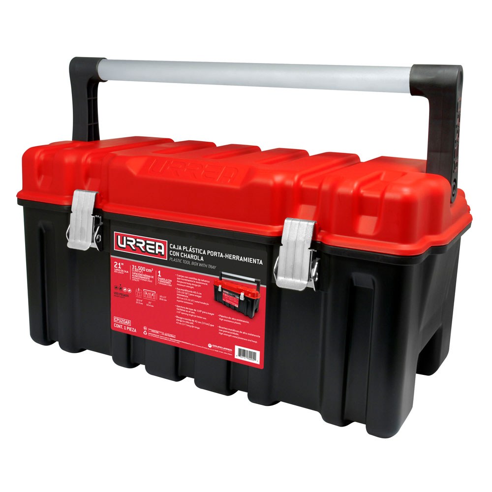 Caja portaherramientas plástica con broches metálicos color negro tapa roja 21" x 11" x 10 Urrea