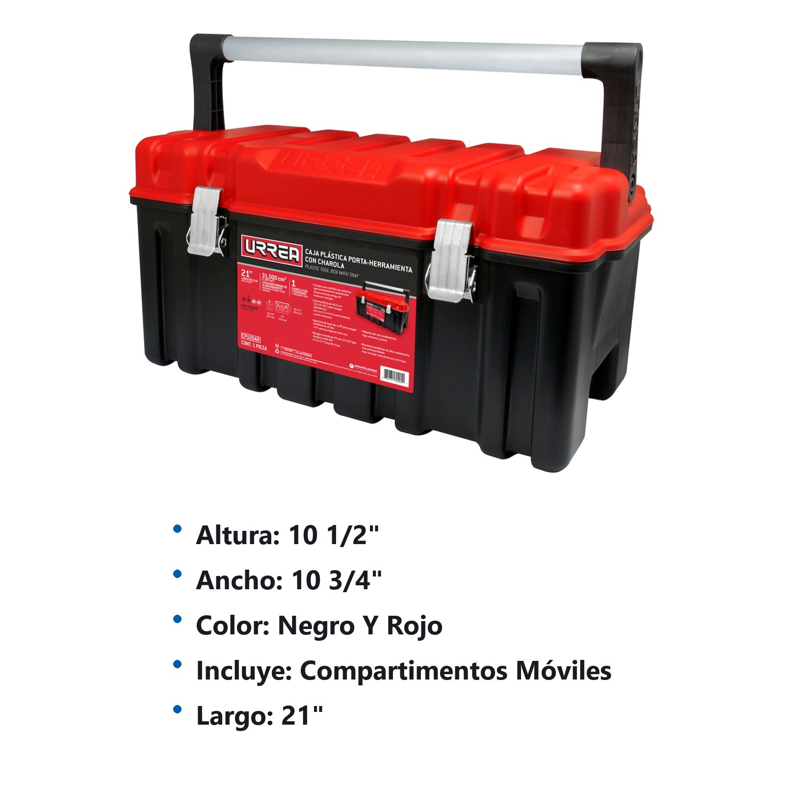 Caja portaherramientas plástica con broches metálicos color negro tapa roja 21" x 11" x 10 Urrea - Imagen 2