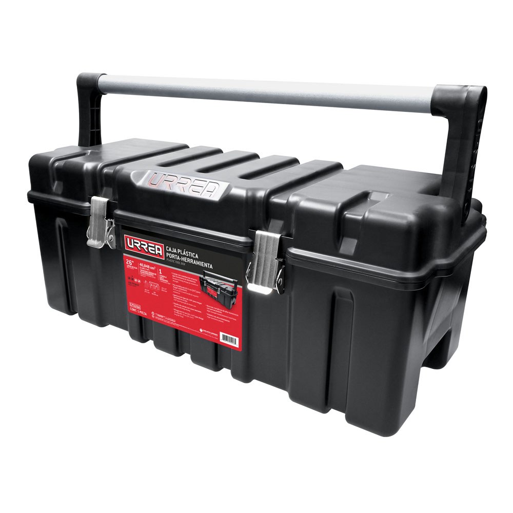 Caja portaherramientas plástica con broches metálicos color negro 26" x 10" x 10" Urrea