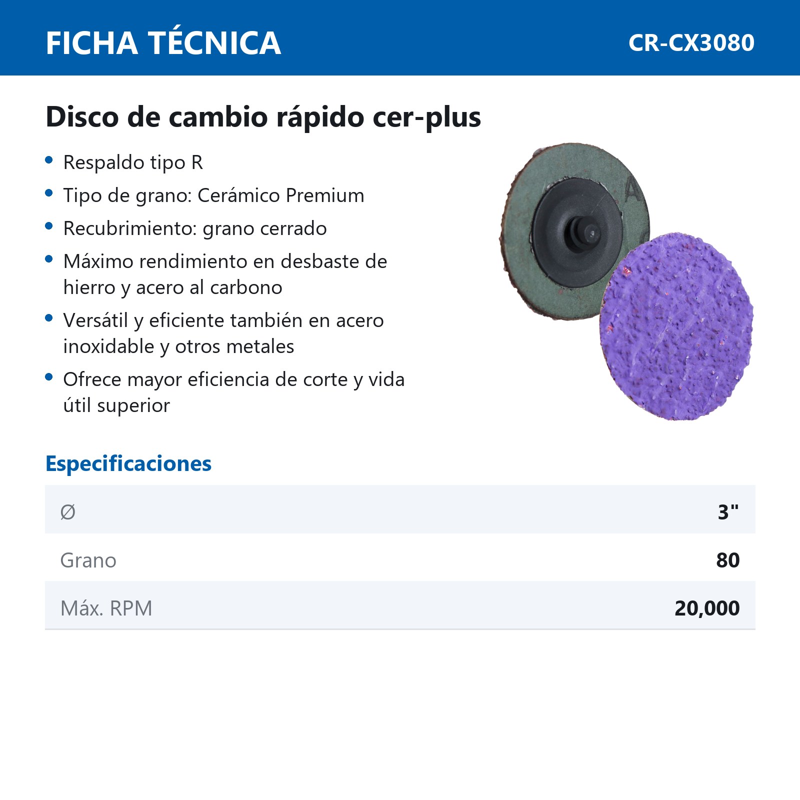 DISCO 3" CAMBIO RAP. Ceramax G80 TIPO R TELA FIBRODISCO (Precio x pieza - Empaque c/25 pzas) - Imagen 3