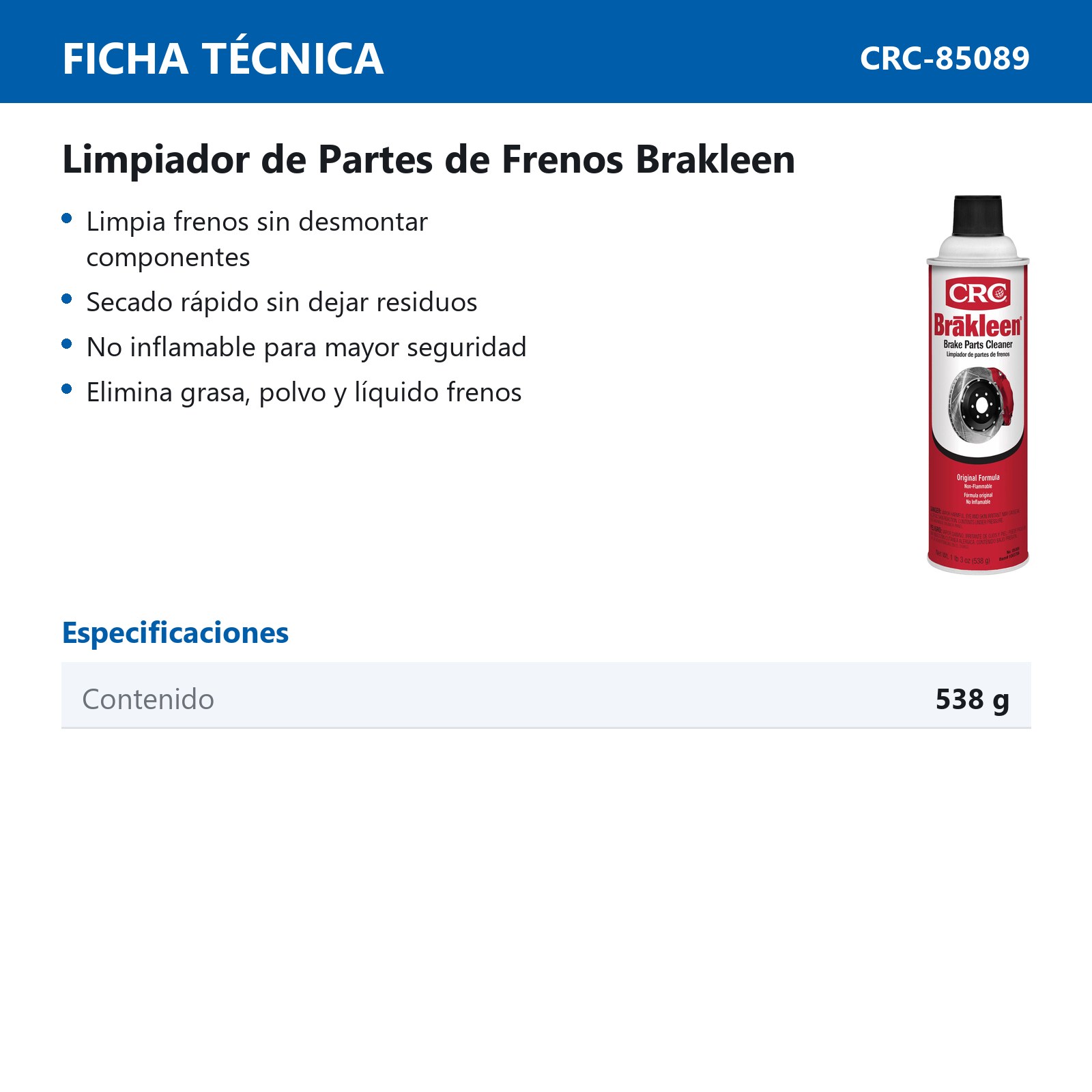 LIMPIADOR DE PARTES DE FRENOS BRAKLEEN NO INFLAMABLE AEROSOL (538G) - Imagen 2