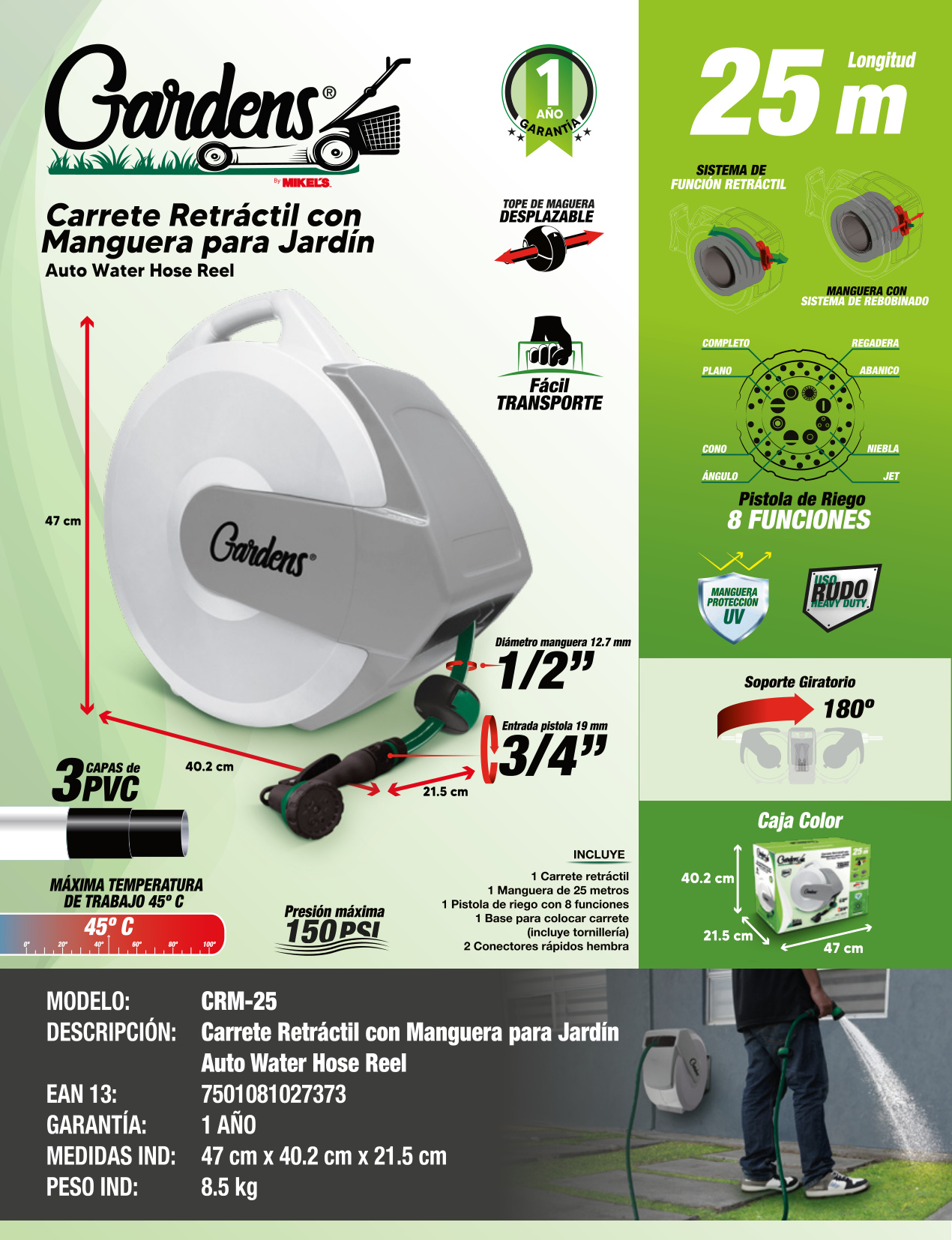 GARDENS CRM-25 Carrete retráctil con manguera para jardín (25 mts y pistola) - Imagen 2