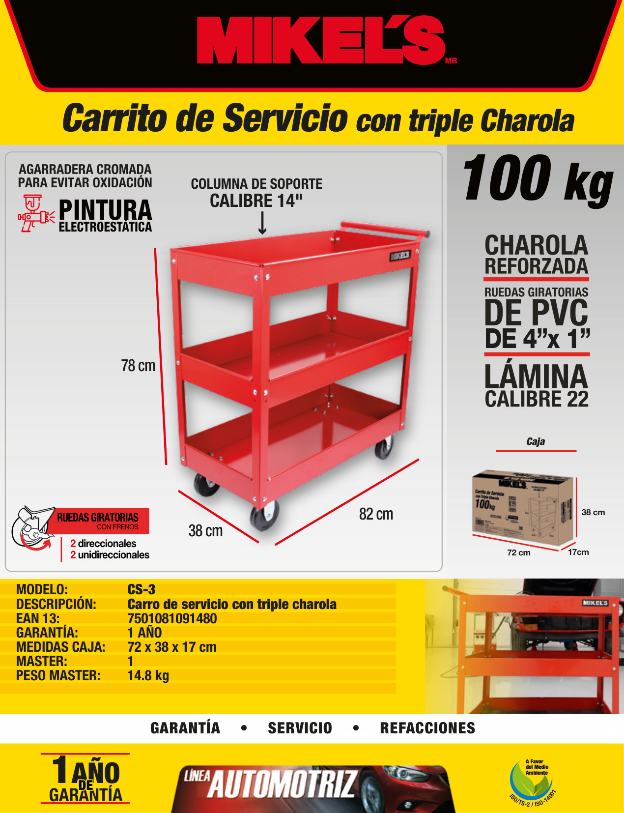 MIKELS CS-3 Carro de servicio con triple charola - Imagen 4