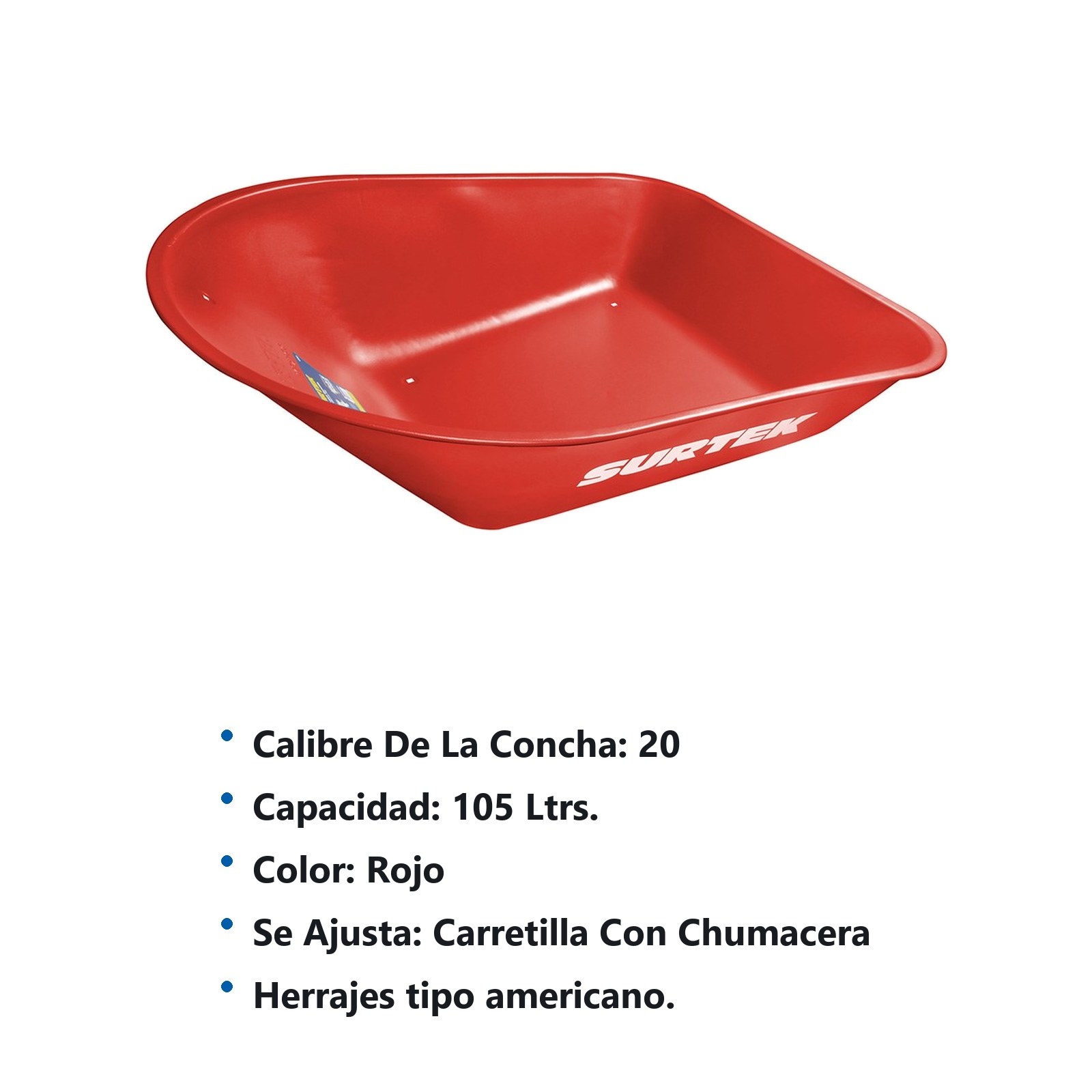 Concha de acero para carretilla herraje tipo americano 6 Ft3, roja Surtek - Imagen 2