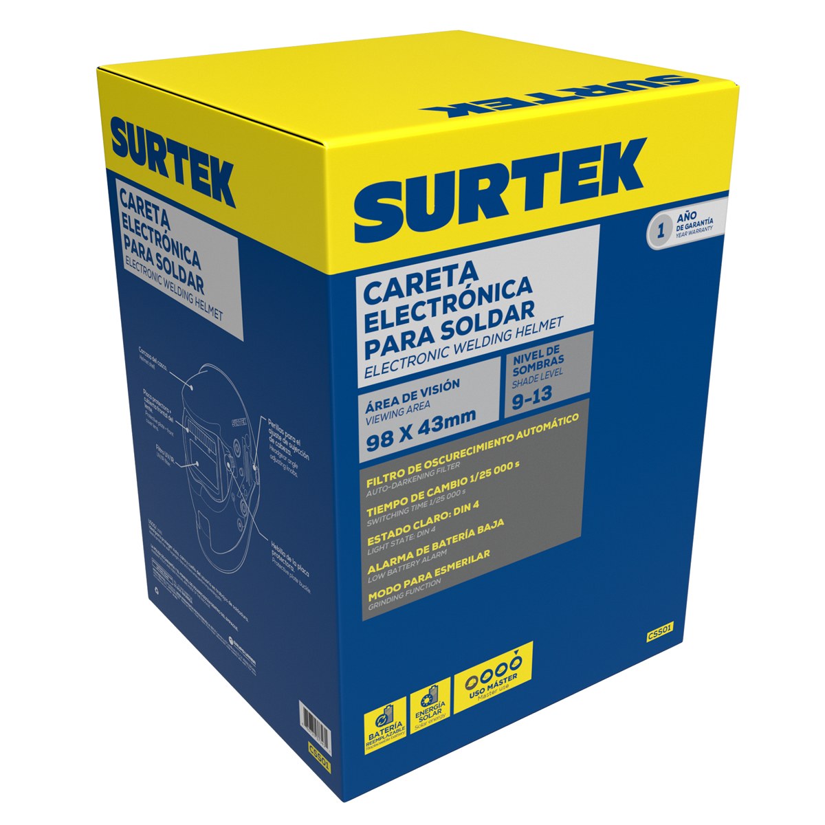Careta electrónica para soldar con panel solar, alarma de batería baja Surtek - Imagen 2