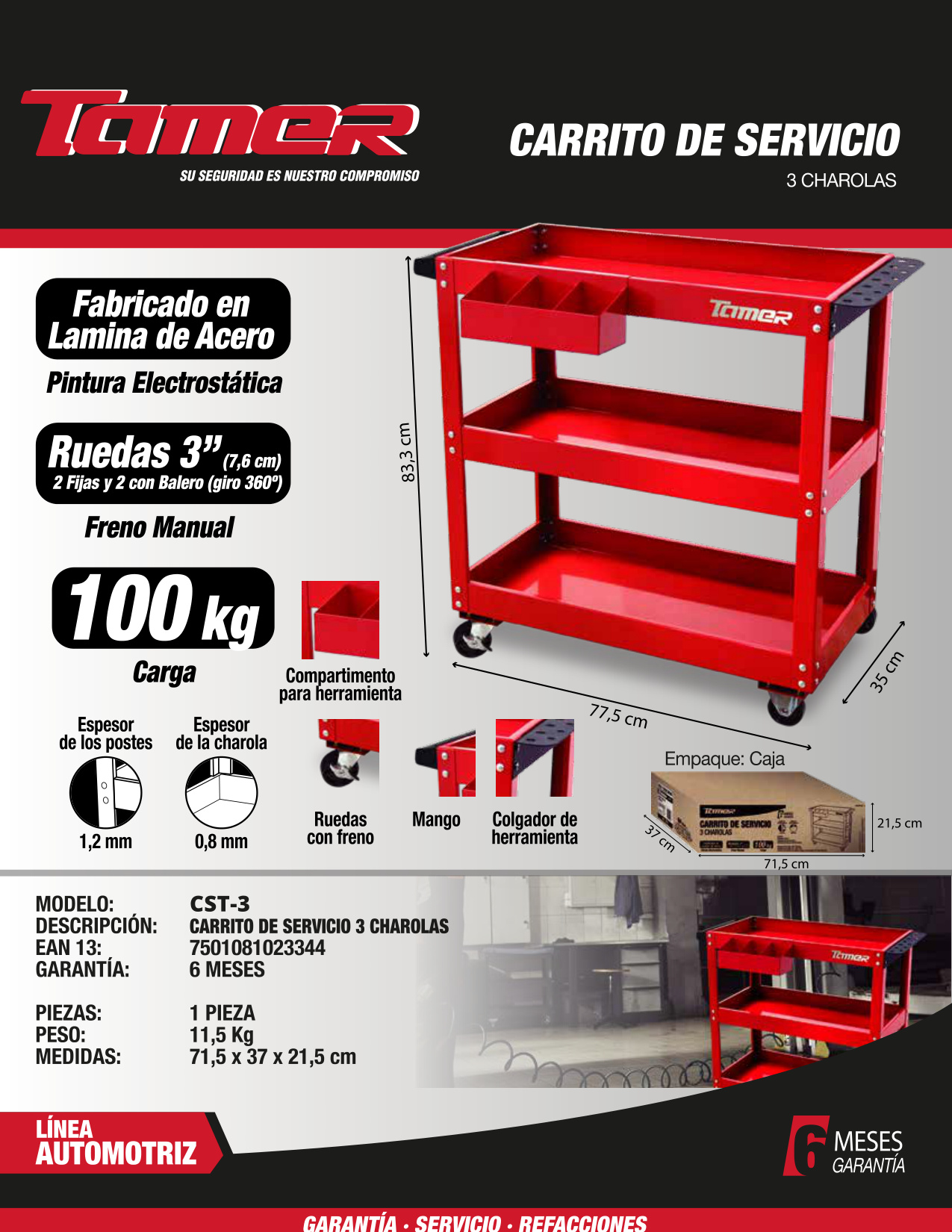 TAMER CST-3 Carrito de servicio con 3 charolas - Imagen 2