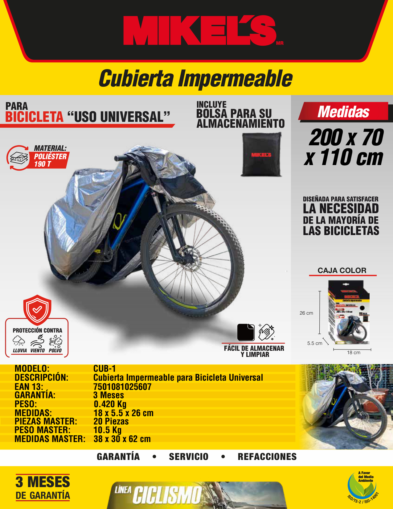 MIKELS CUB-1 Cubierta impermeable para bicicleta universal (200 X 70 X 110 cms) - Imagen 2