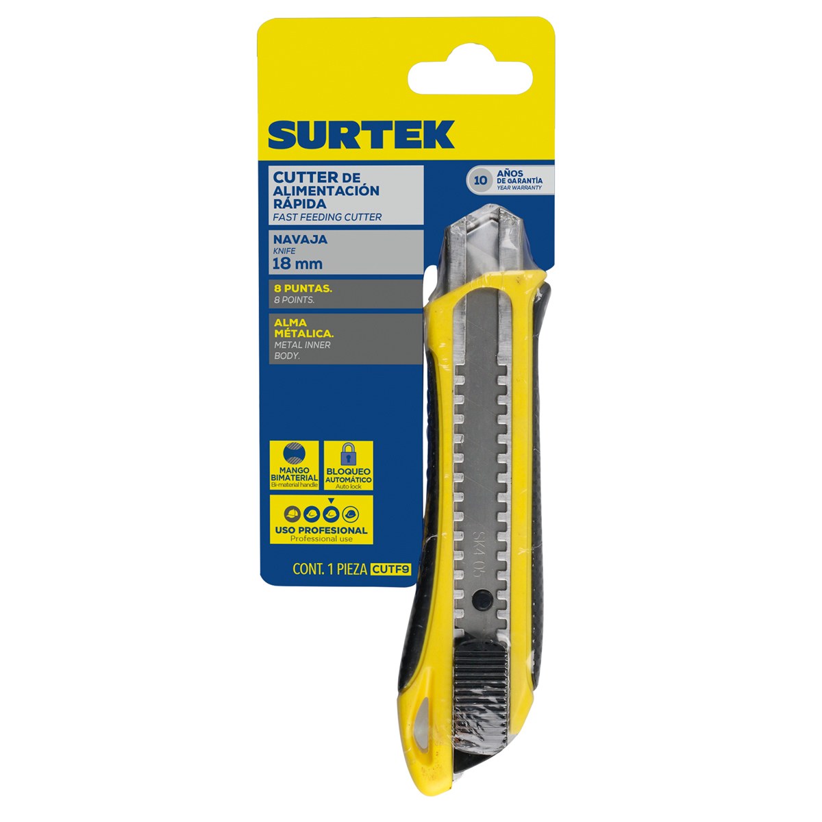 Cutter con cuerpo de plástico bimaterial de 18 mm, cambio automático de navaja Surtek - Imagen 2