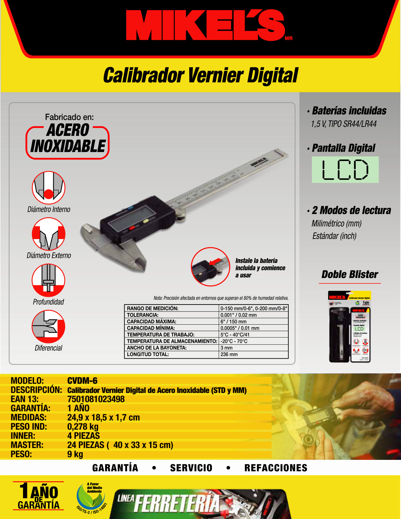 MIKELS CVDM-6 Calibrador Vernier Digital de acero inoxidable (Std y mm) - Imagen 2