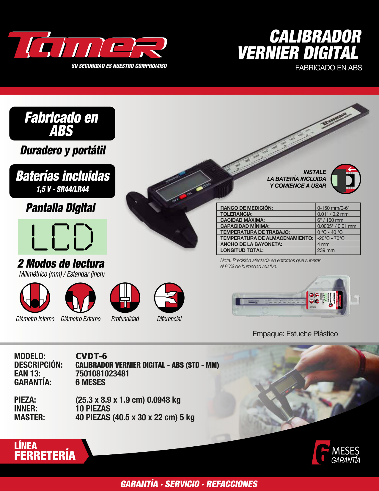 TAMER CVDT-6 Calibrador Vernier Digital de ABS (Std y Mm) - Imagen 4