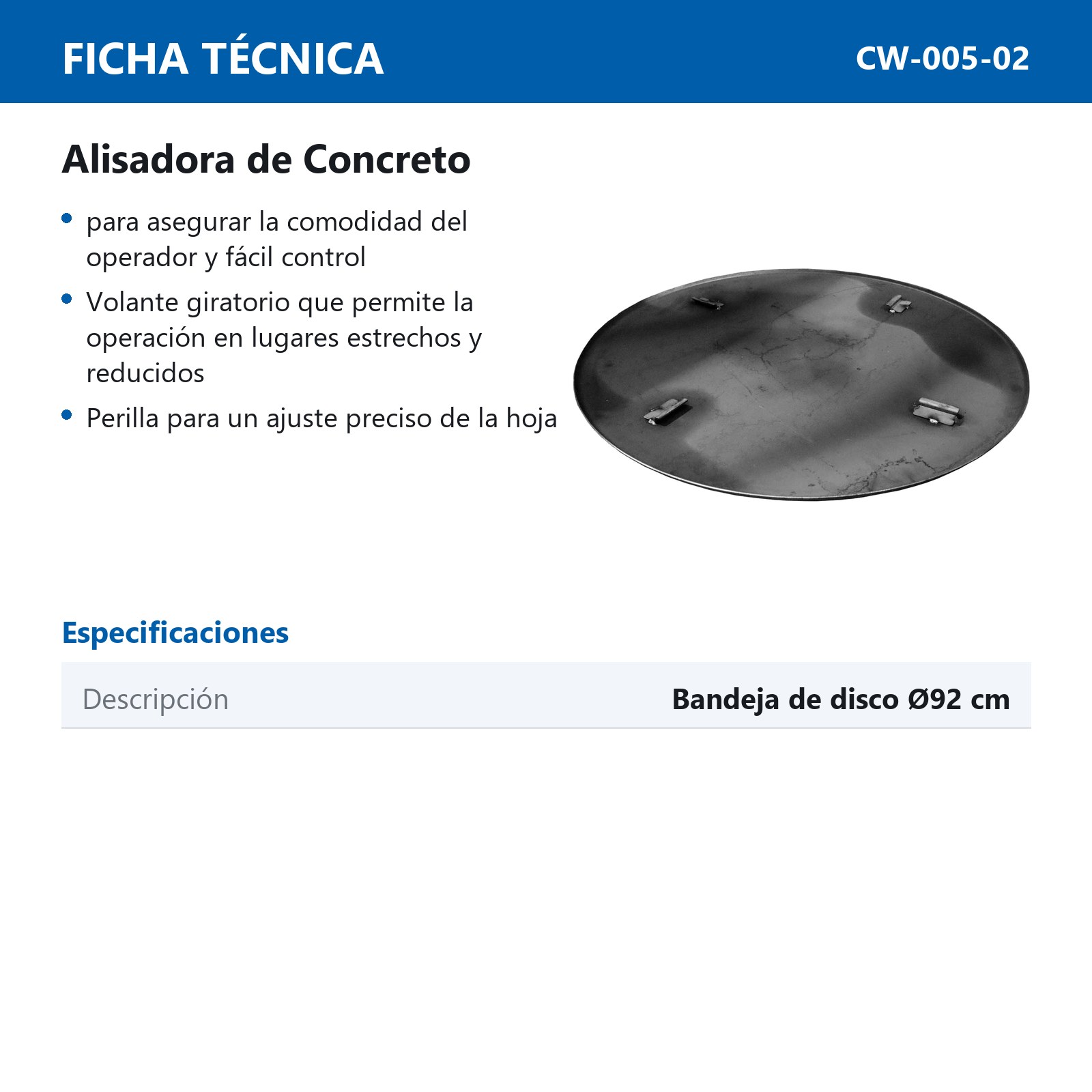 BANDEJA D/DISCO P/ALISADORA D/CONCRETO MANUAL CW-005 - Imagen 2