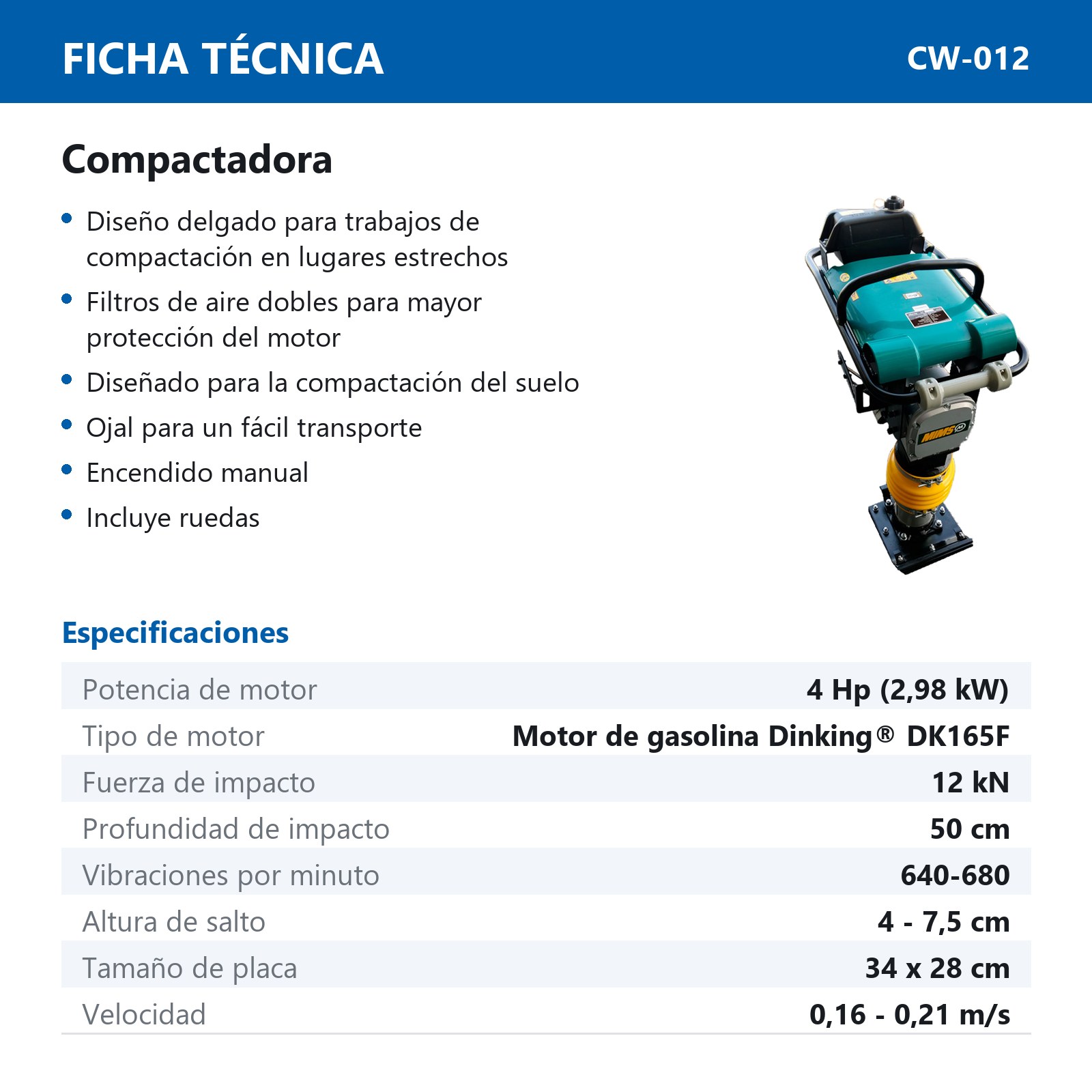 BAILARINA COMPACTADORA 4HP 12 kN MIMS MOTOR DINKIN DK165 - Imagen 4