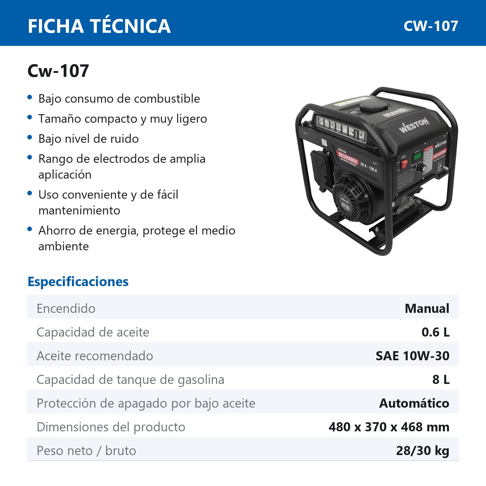 SOLDADORA C/MOTOR A GASOLINA 130A 8.5 HP - Imagen 2