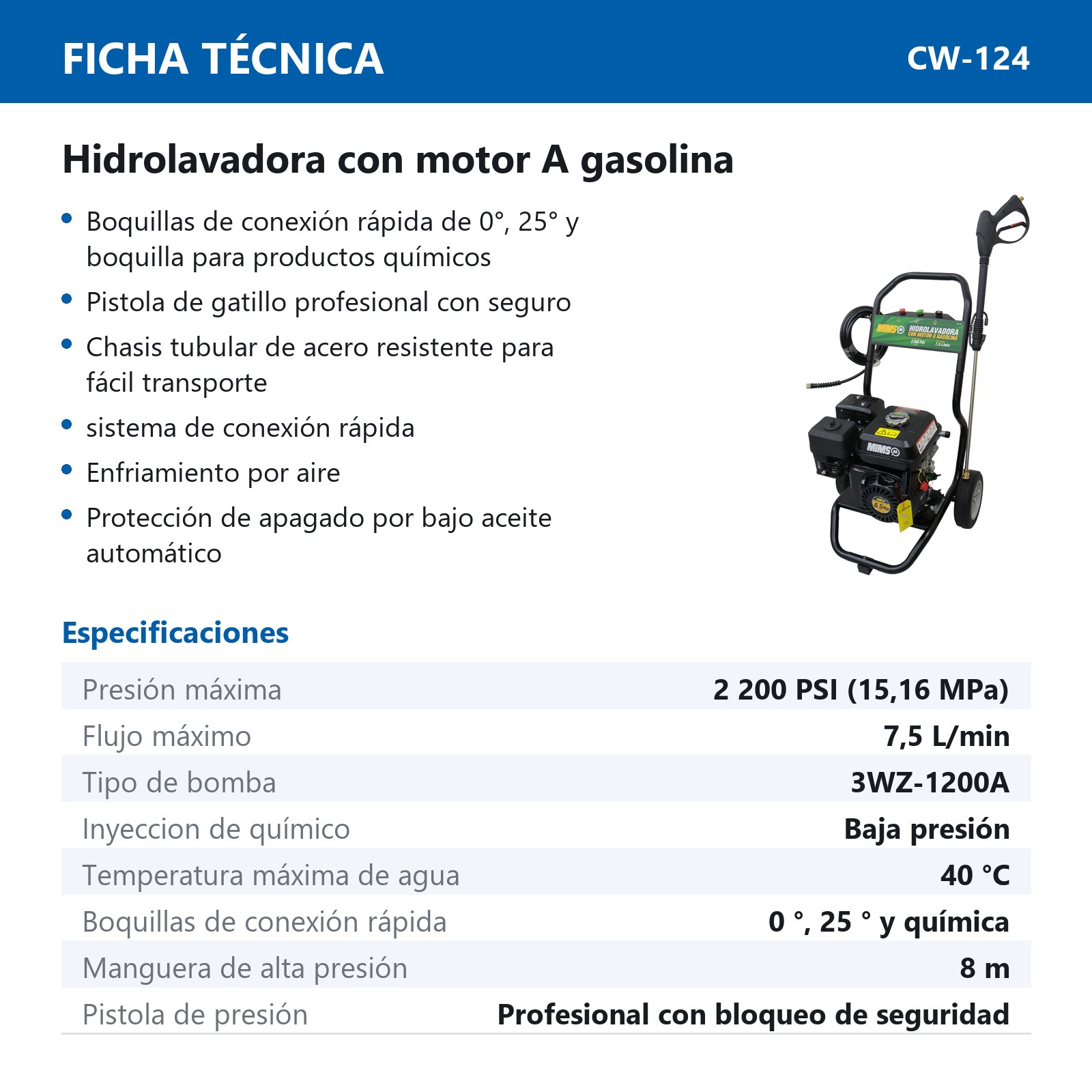 HIDROLAVADORA A GASOLINA 6.5 HP 2200 PSI 7.5 L/MIN - MIMS - Imagen 2