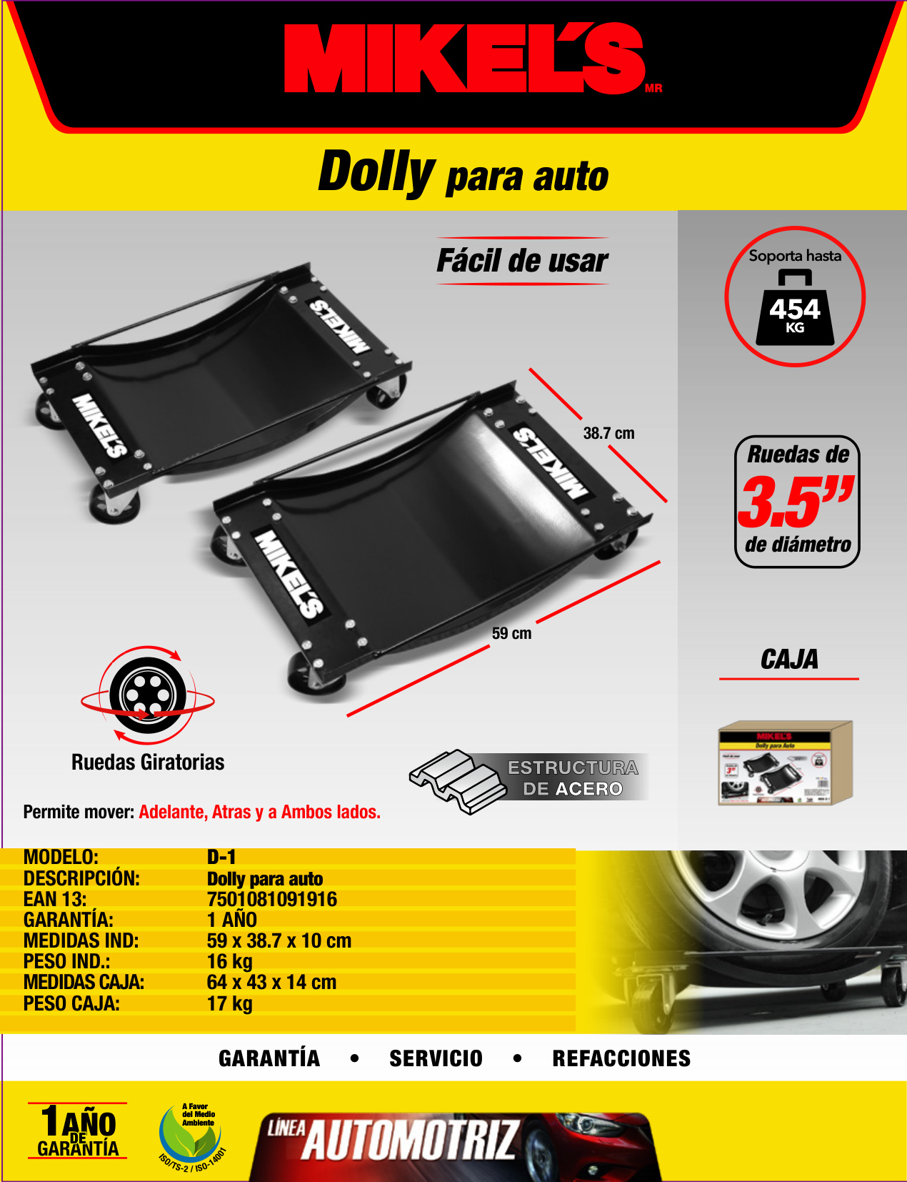 MIKELS D-1 Dolly para auto, 1 Par (454 kgs) - Imagen 4