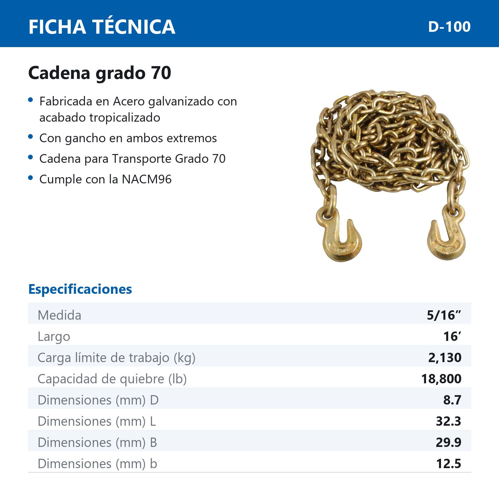 CADENA C/GANCHO 5/16" X 16' GRADO 70          16PIES DE LARGO - Imagen 2