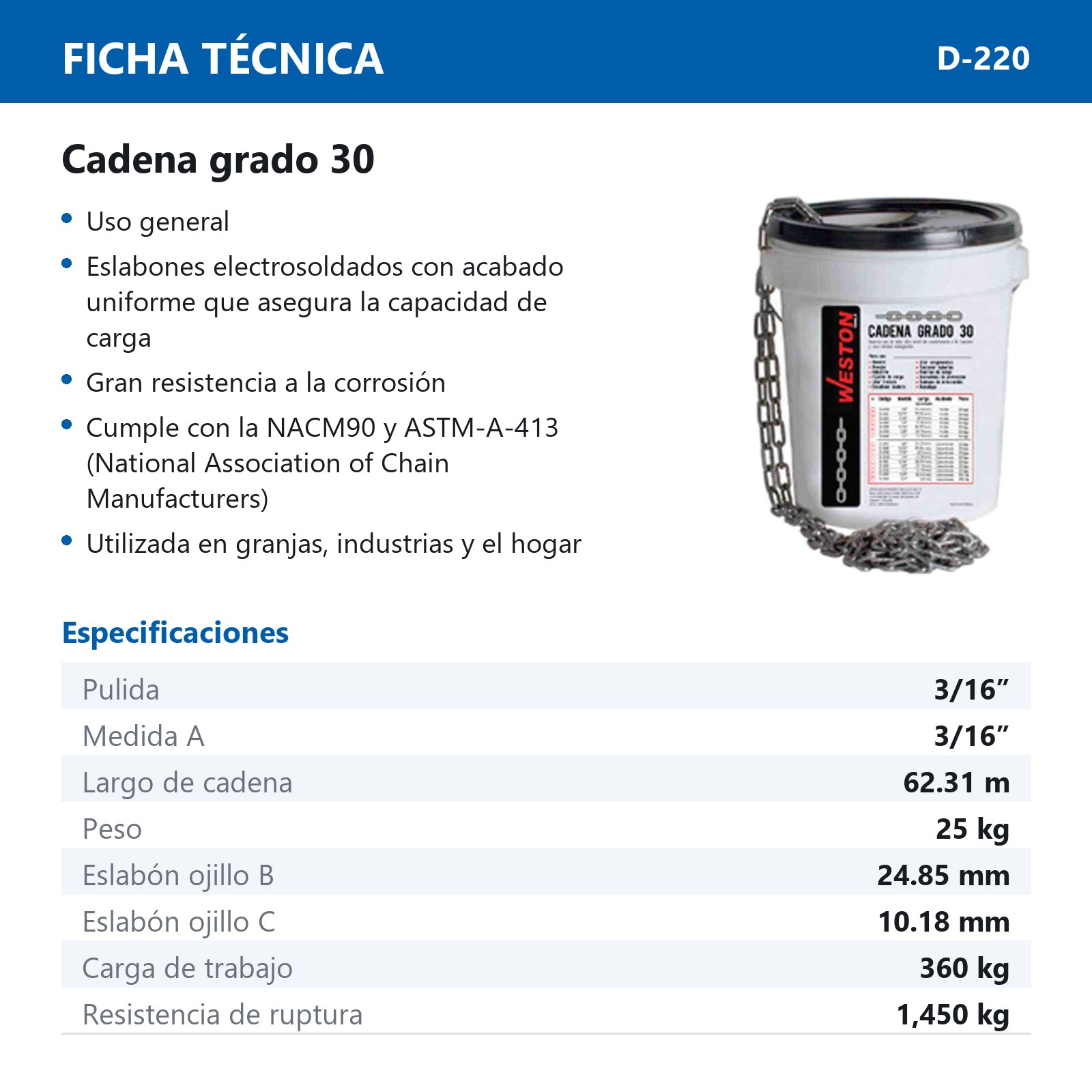 CADENA D/ACERO PULIDO 3/16" 25KG GRADO 30          62.40 METROS - Imagen 2