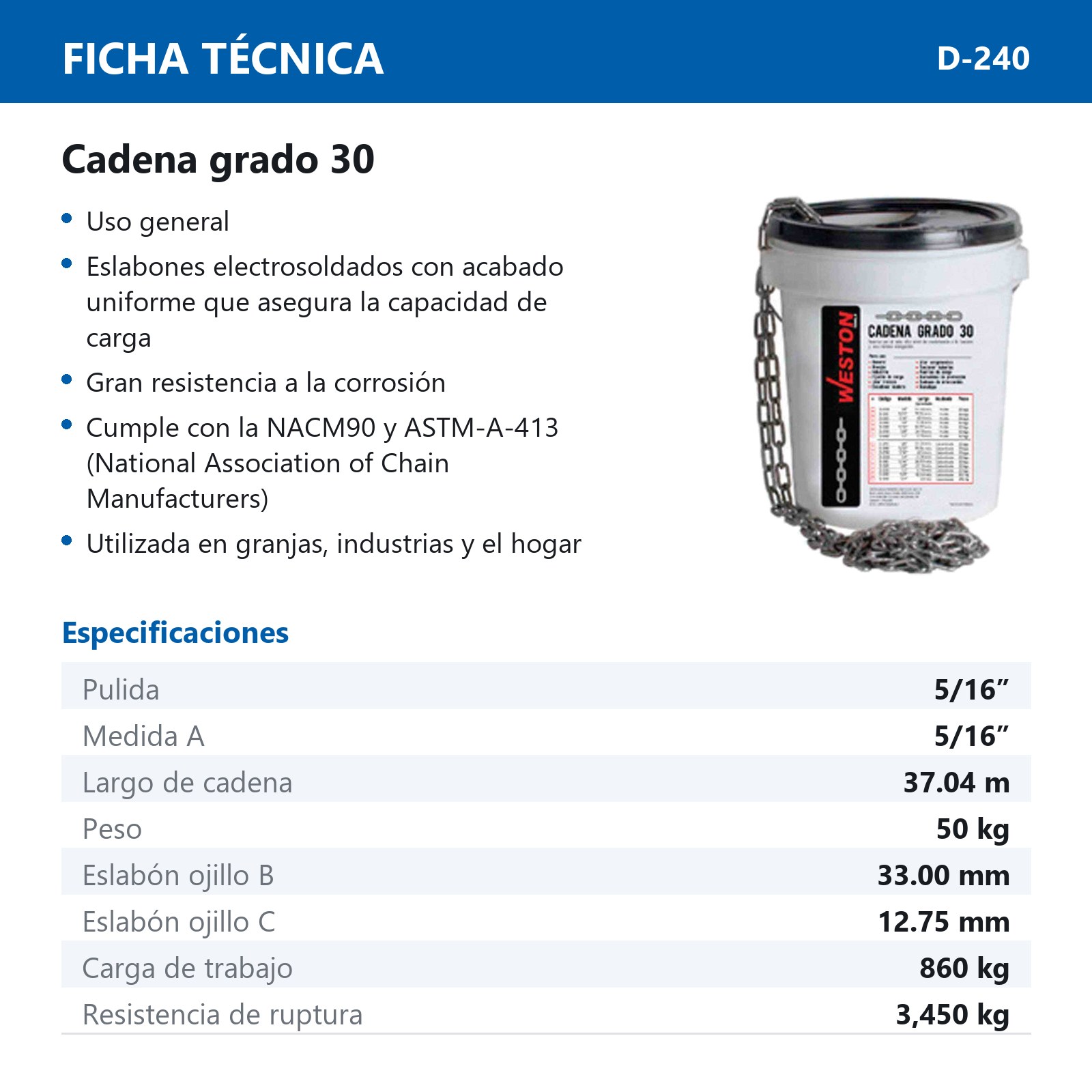 CADENA D/ACERO PULIDO 5/16" 50KG GRADO 30          36.99 METROS - Imagen 2