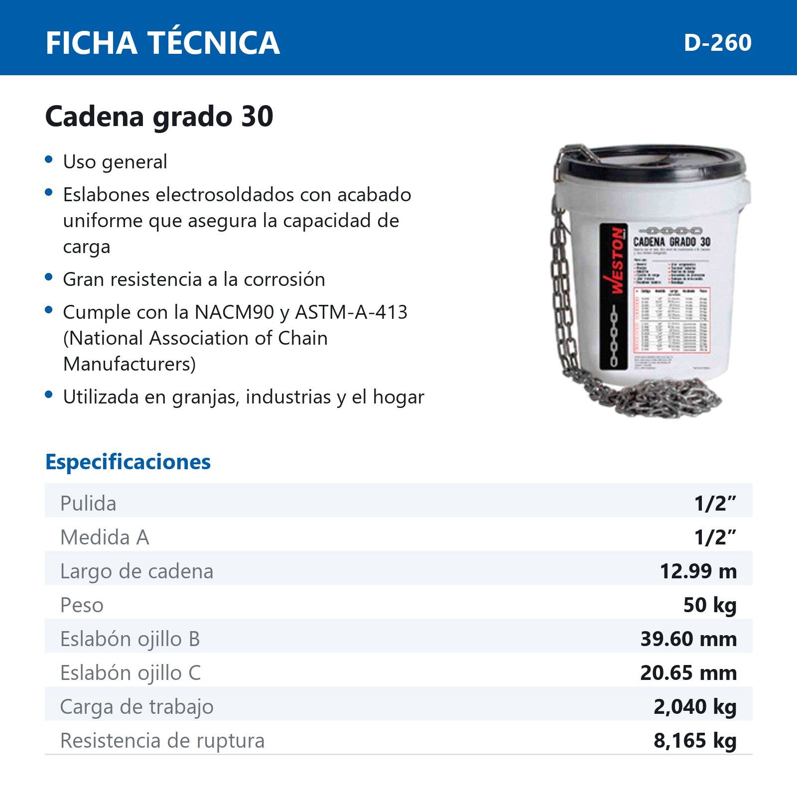 CADENA D/ACERO PULIDO 1/2" 50KG GRADO 30          12.70 METROS - Imagen 2
