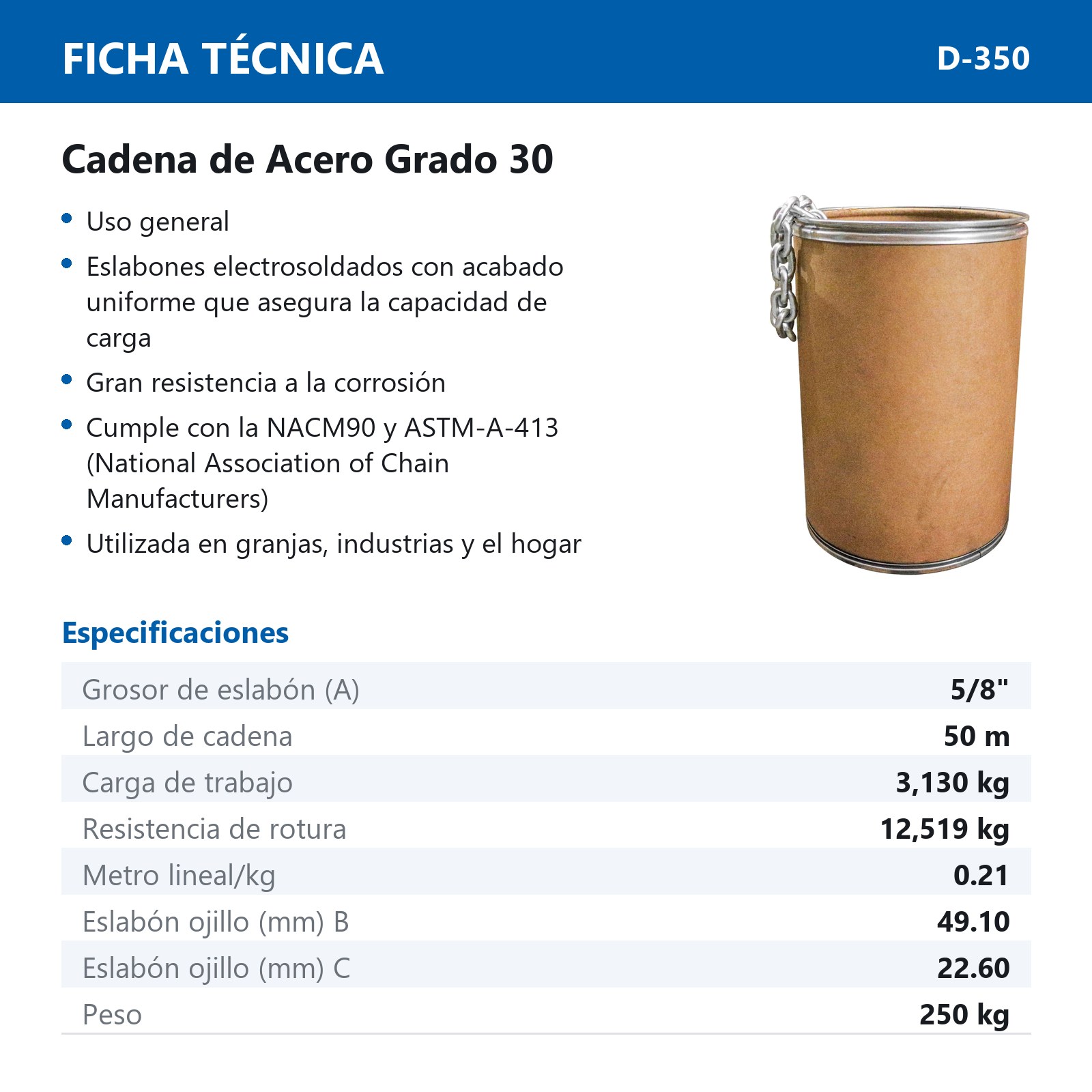 CUÑETE D/CADENA D/ACERO GALV. 5/8" GRADO 30 250 KG 50M - Imagen 4