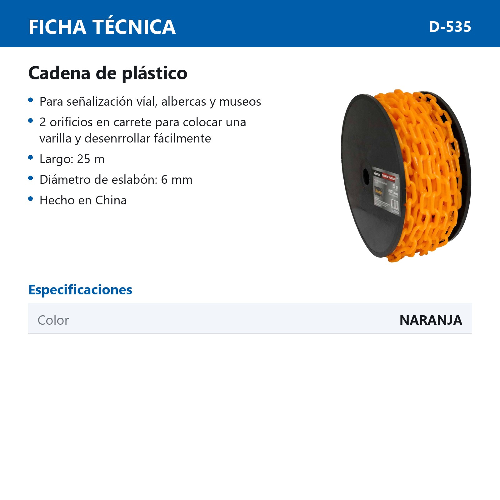 CADENA DE PLÁSTICO Ø6MM*25M NARANJA - Imagen 4