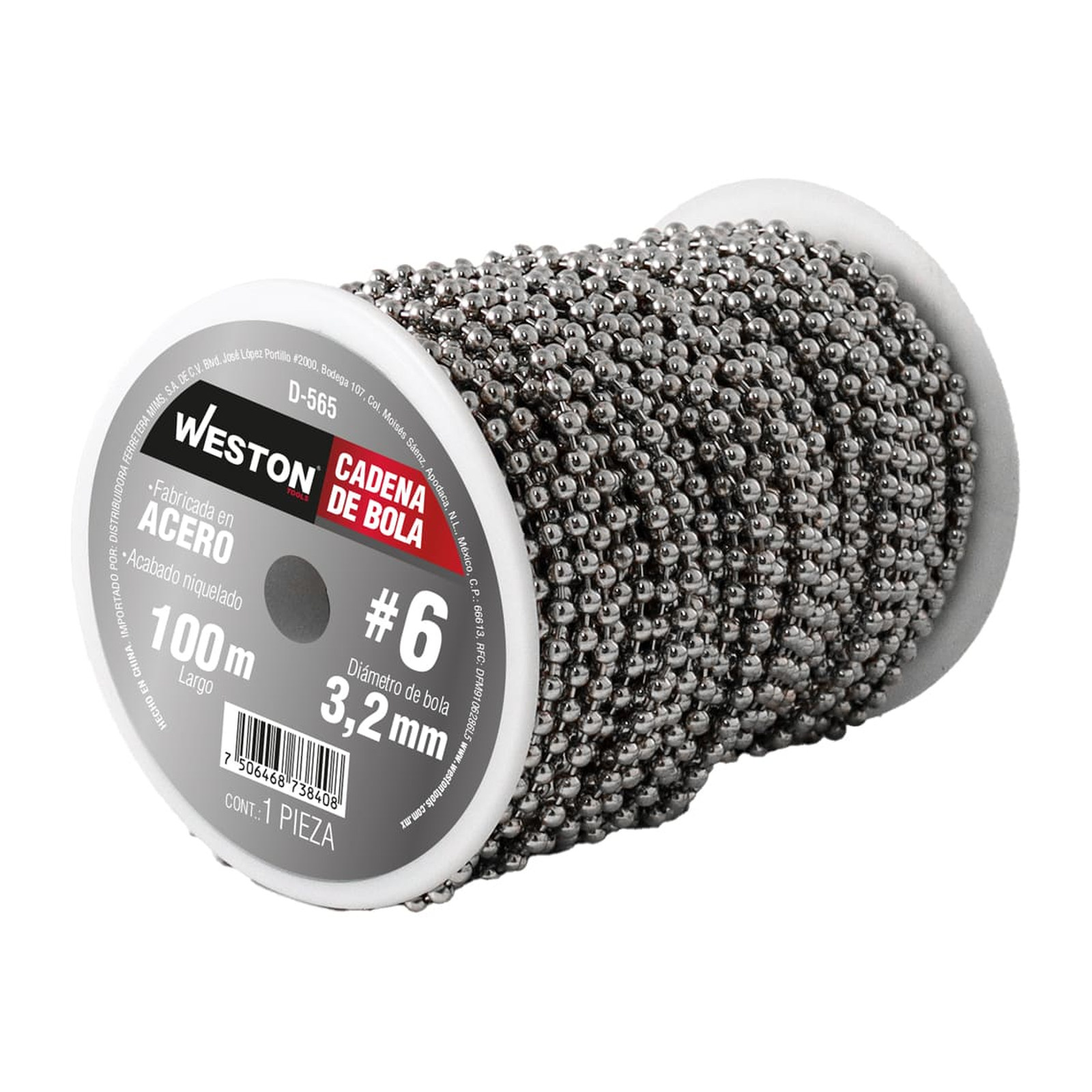 Cadena de Bola Acero Niquelado #6 3.2 mm Rollo 100 m Weston