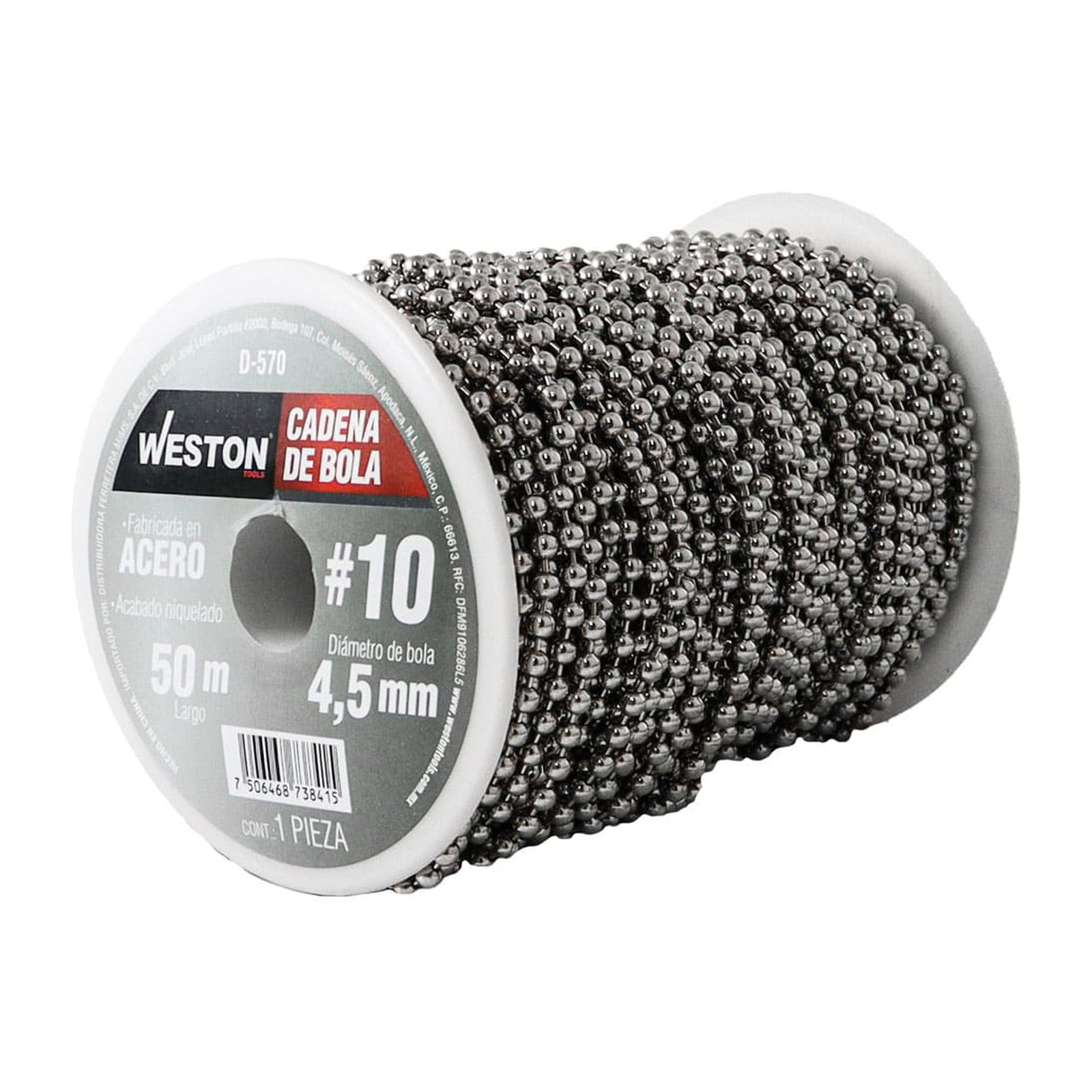 Cadena de Bola Acero Niquelado #10 4.5 mm Rollo 50 m Weston