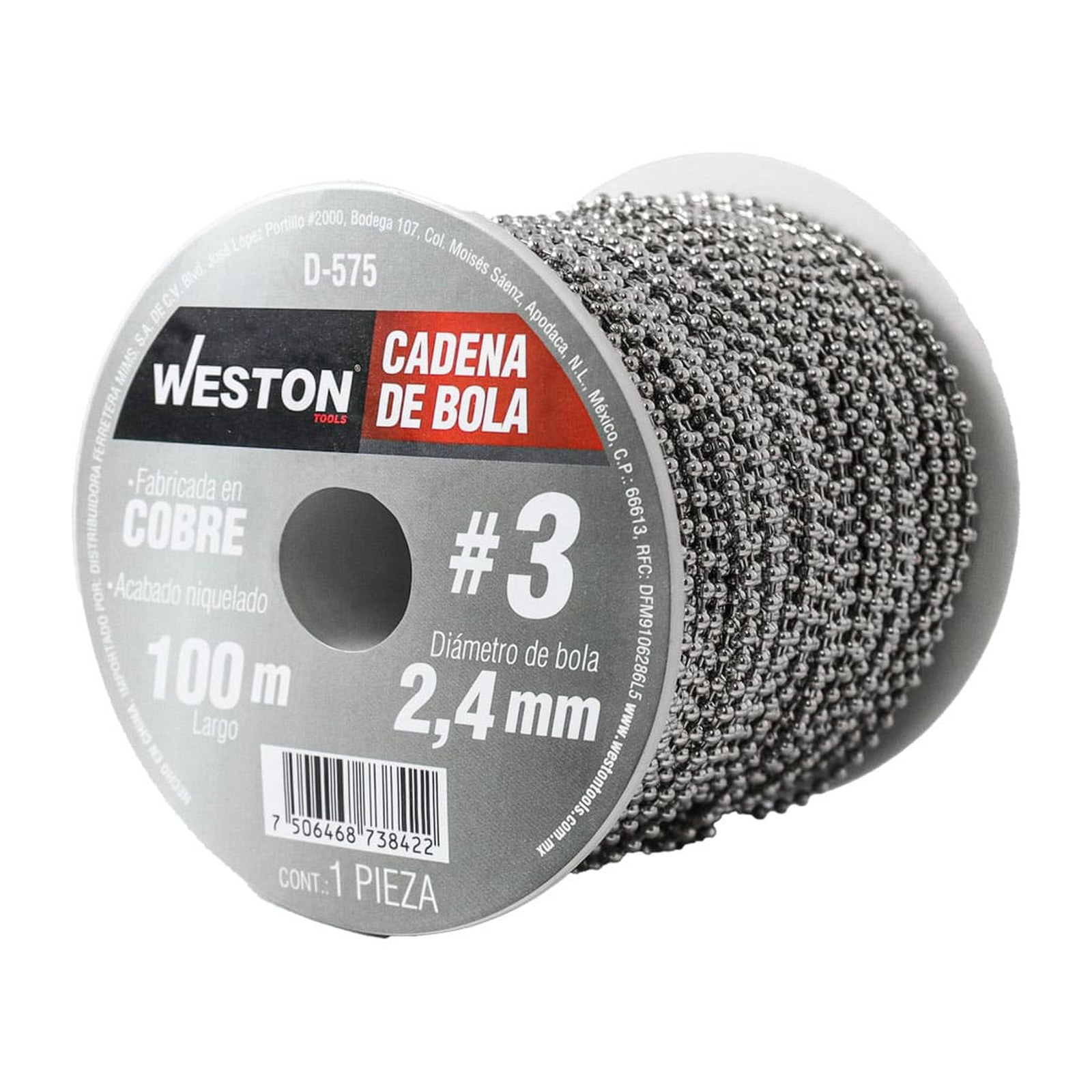 Cadena de Bola Cobre Niquelada Weston #3 2.4 mm Rollo 100 m