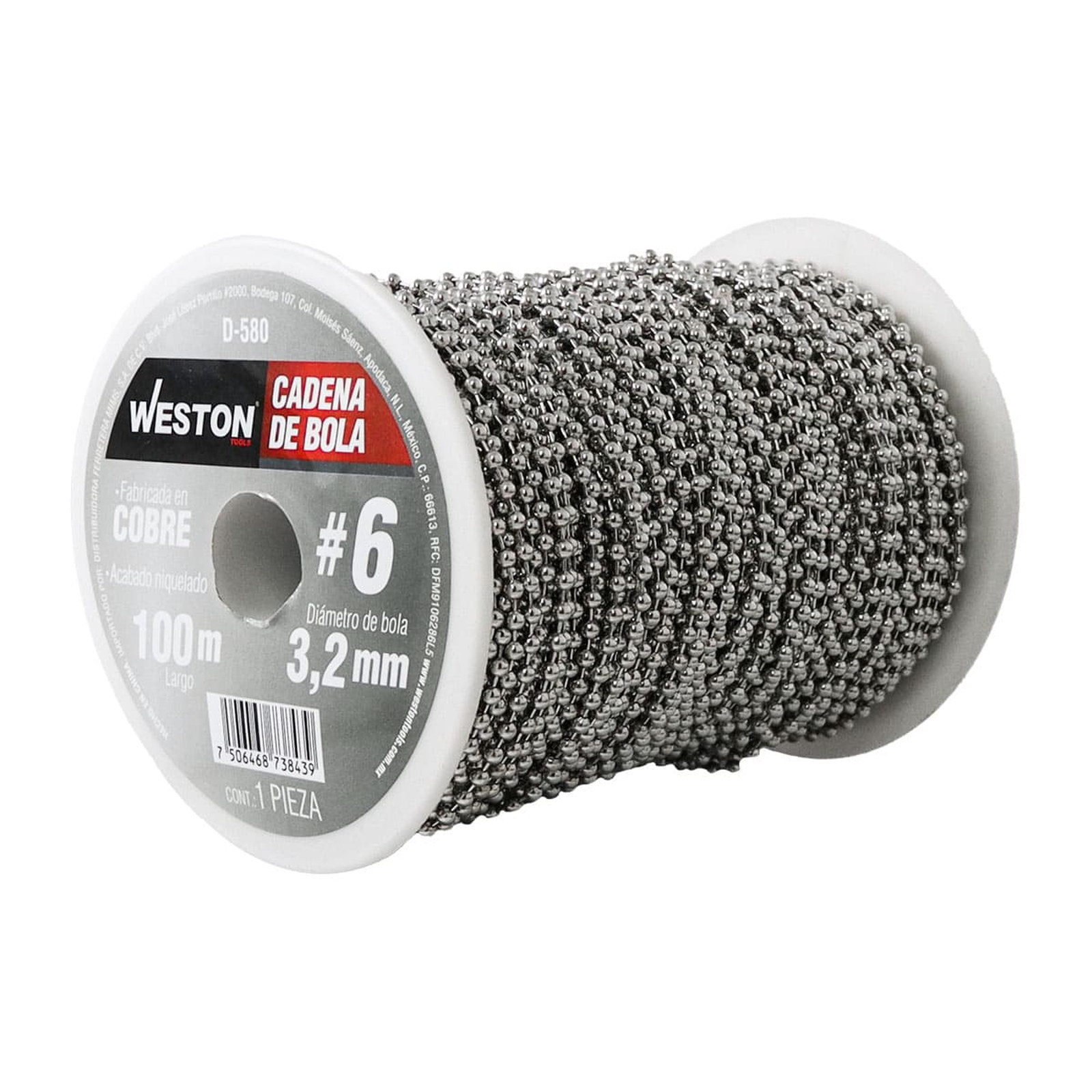 Cadena de Bola Cobre Niquelada Weston #6 3.2 mm Rollo 100 m