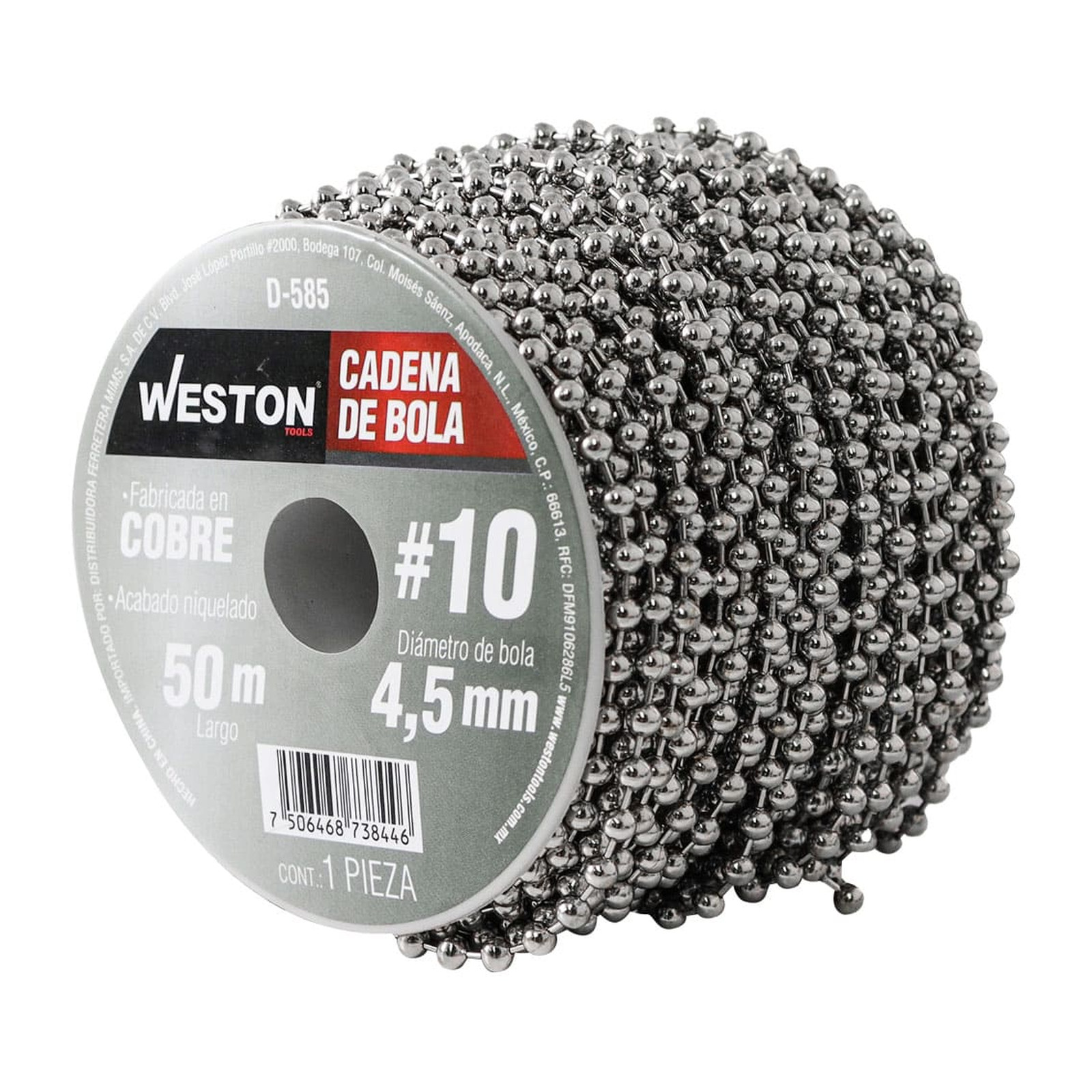 Cadena de Bola Cobre Niquelada Weston #10 4.5 mm Rollo 50 m