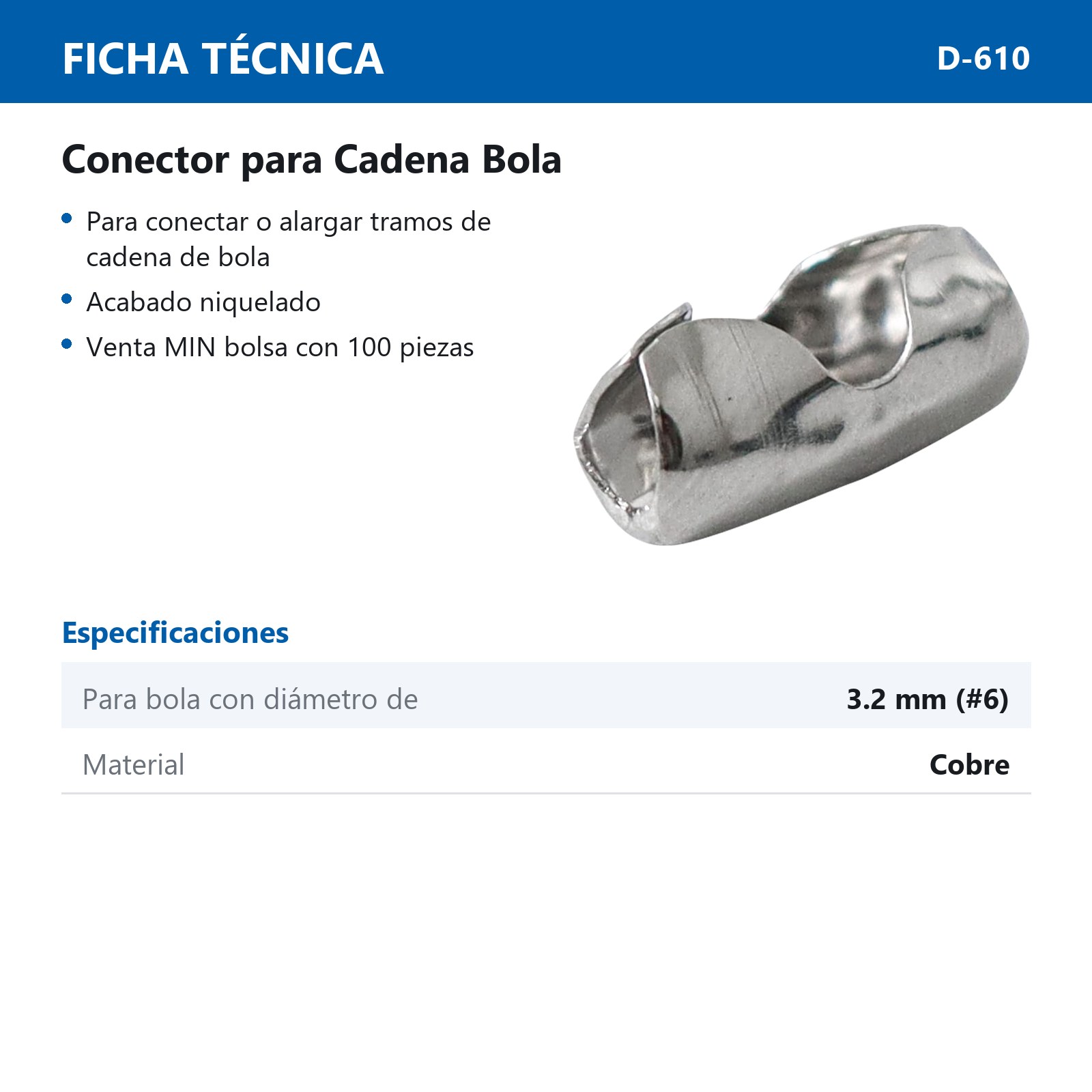 CONECTOR D/CADENA BOLA COBRE NIQU. #6 3.2MM (PRECIO X PZA - BOLSA C/100PZAS) - Imagen 4