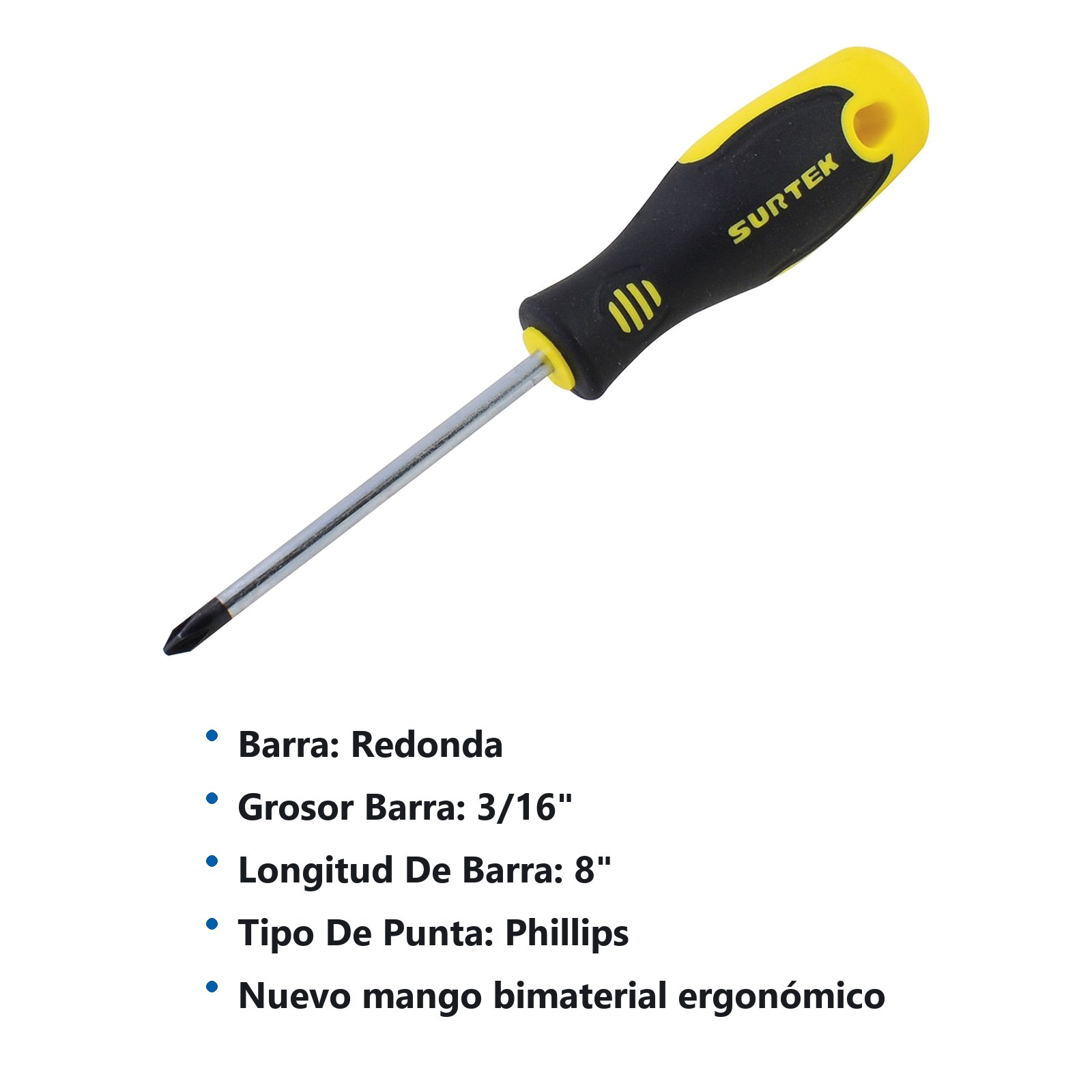 Destornillador con mango bimaterial, punta Phillips barra redonda #1 x 8" Surtek - Imagen 3