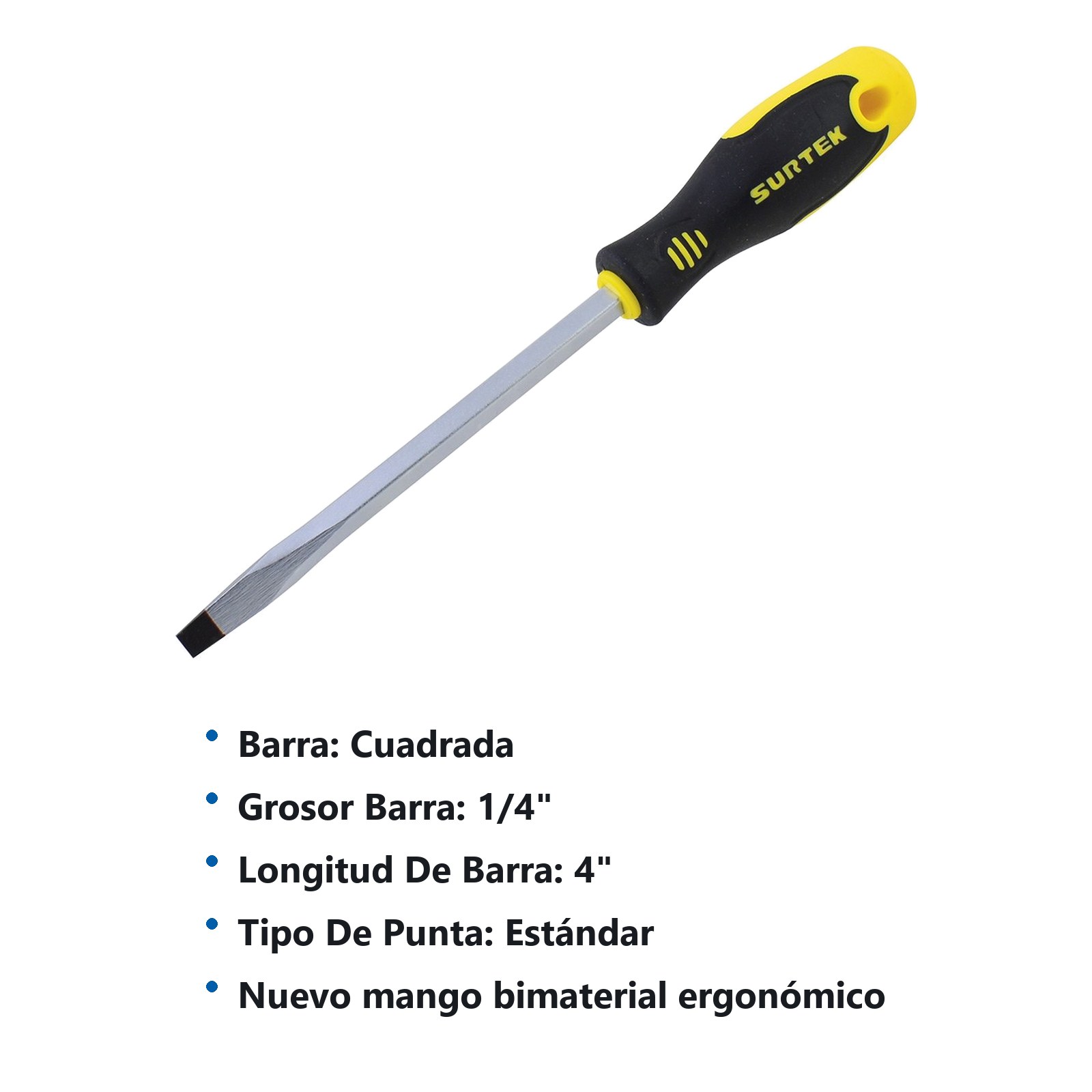 Destornillador con mango bimaterial, punta plana barra cuadrada 1/4" x 4" Surtek - Imagen 3
